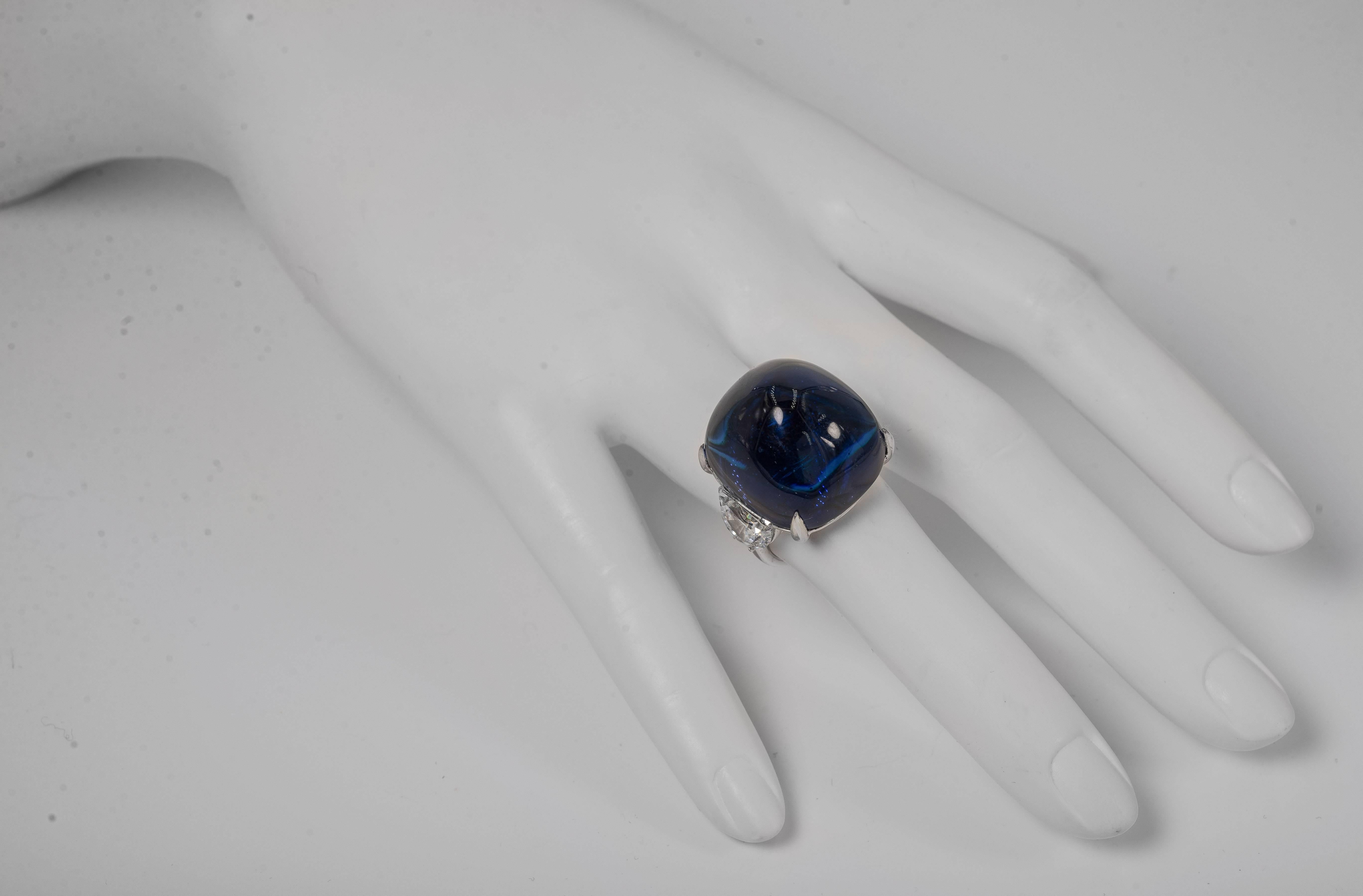 Art Deco Royal Kashmir Royal Blue Cabochon Lab Sapphire Diamond Ring by Clive Kandel