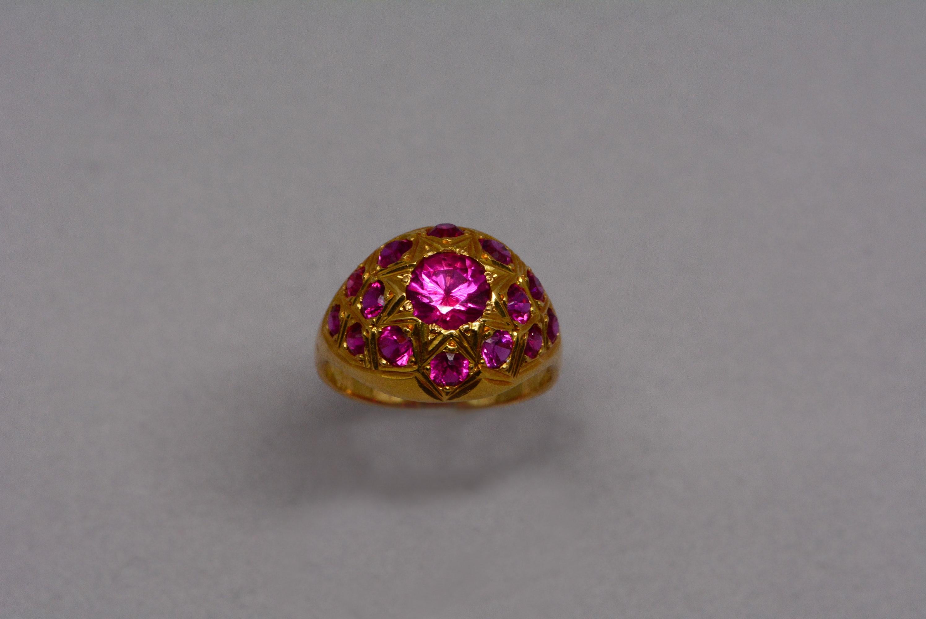 Old European Cut Synthetic Ruby 21 Karat Gold Bombé Ring For Sale