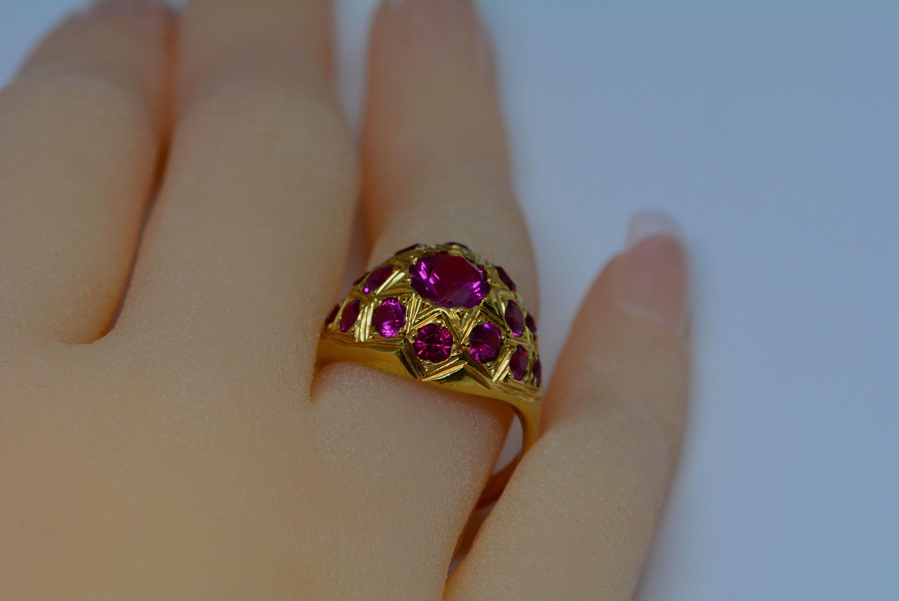 Art Deco Synthetic Ruby 21 Karat Gold Bombé Ring For Sale