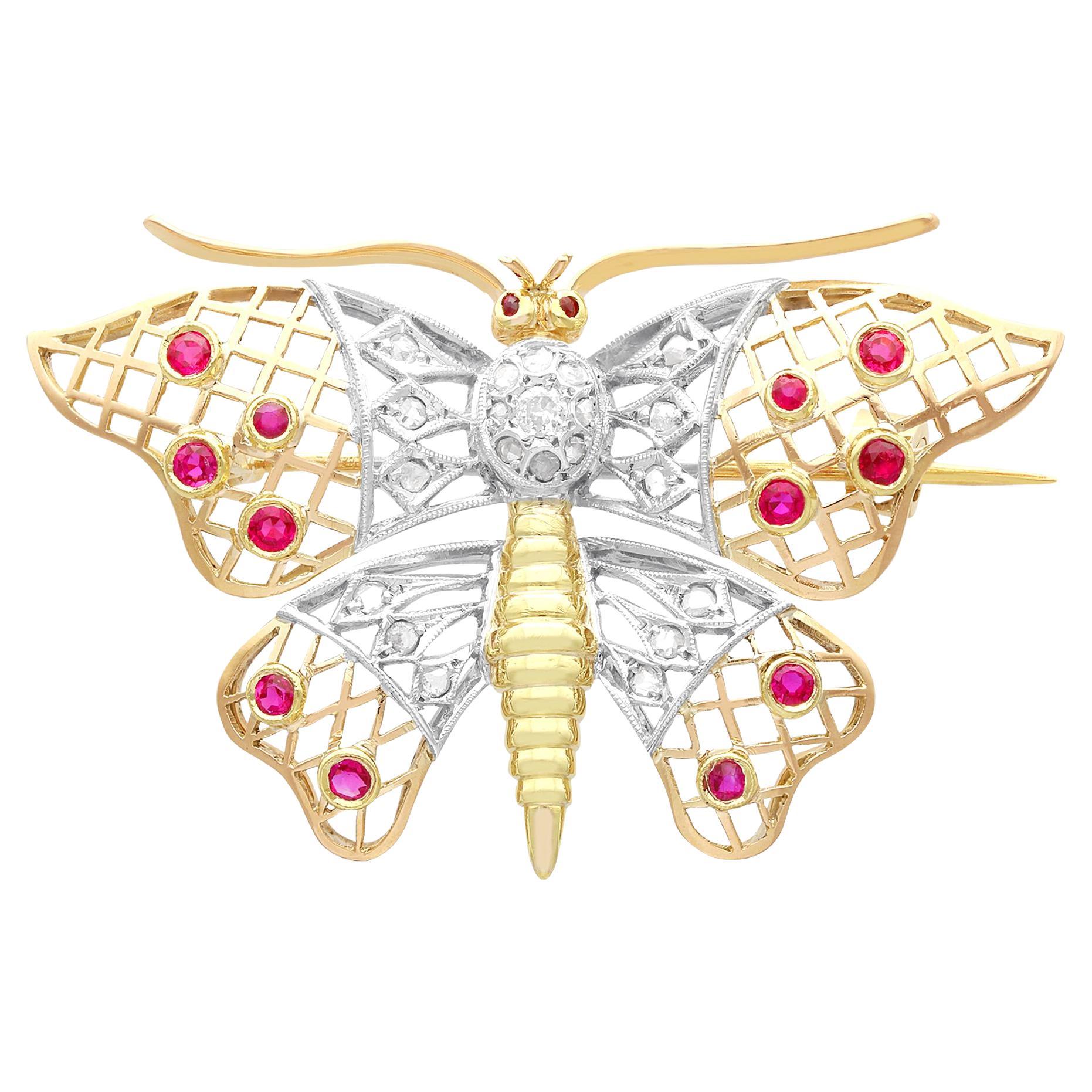 Spilla in oro giallo 18 carati con rubino sintetico e diamante da 0,28 carati, circa 1940 in vendita