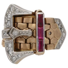 Vintage Synthetic ruby and diamond buckle ring, circa 1940.