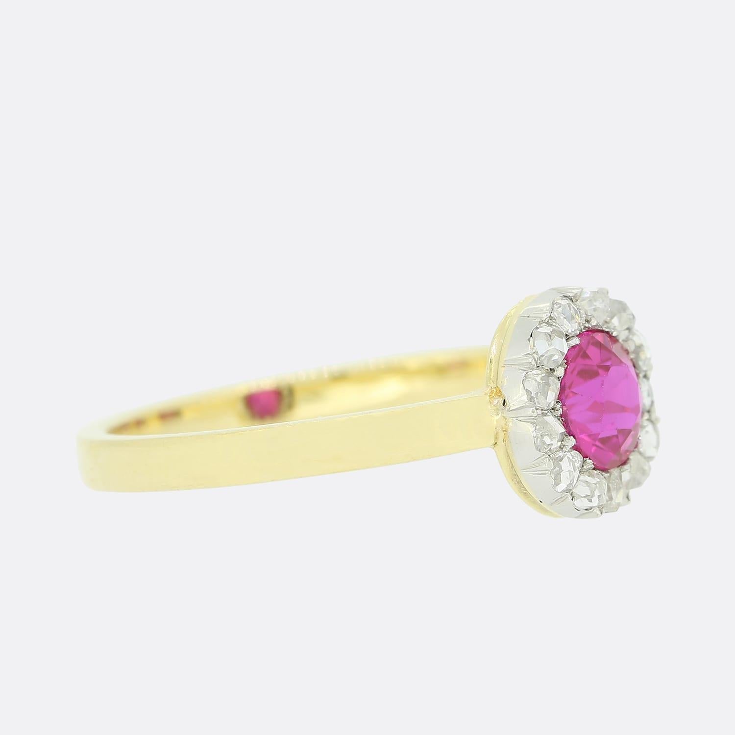 This is a beautiful diamond and ruby cluster ring. The ring features a central ruby and is surrounded by a halo of rose cut diamonds and crafted in 18ct yellow gold.
This ring started life as a Victorian brooch but has been expertly transformed into