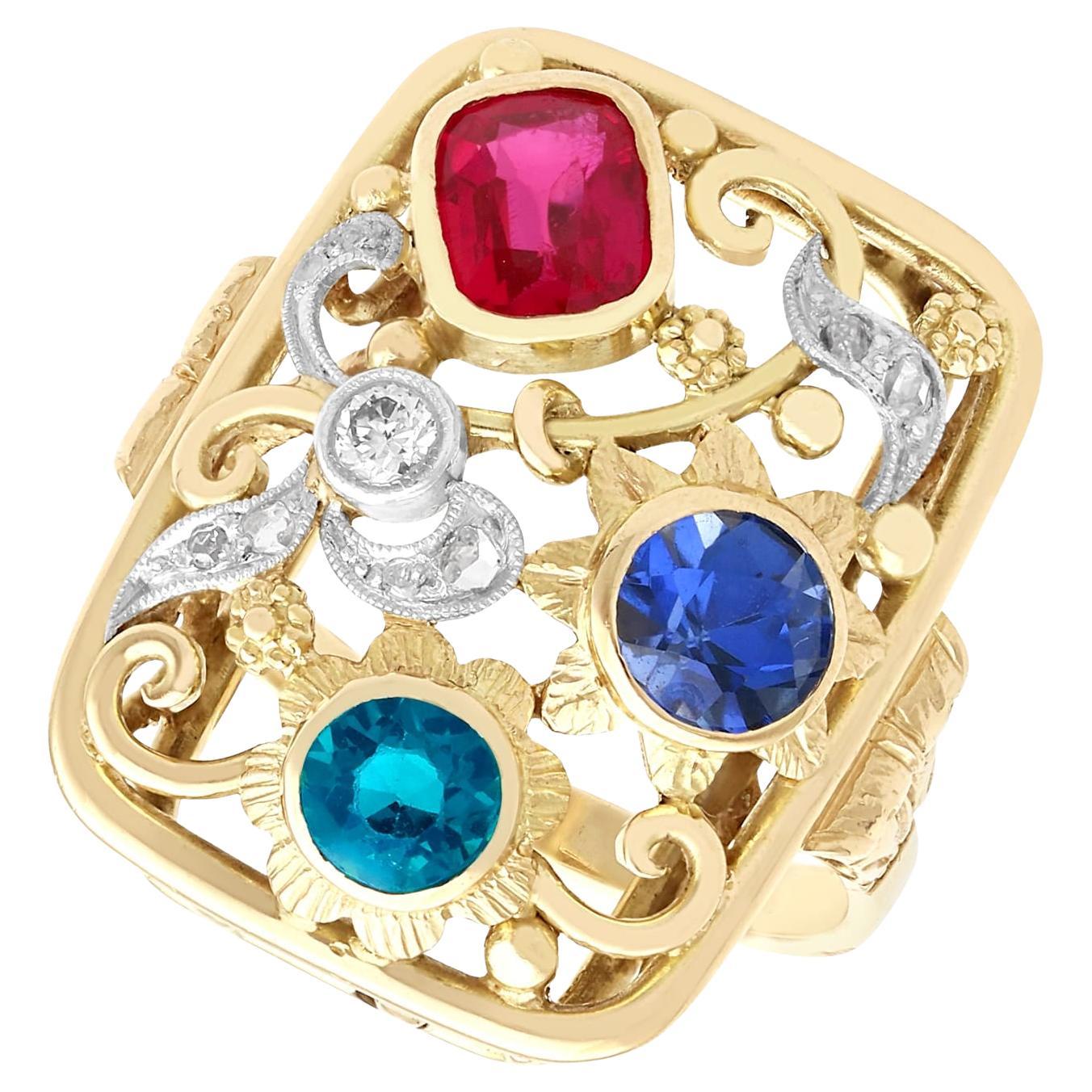 Synthetic Ruby and Sapphire 0.48 Carat Zircon 0.10 Carat Diamond Gold Ring in vendita