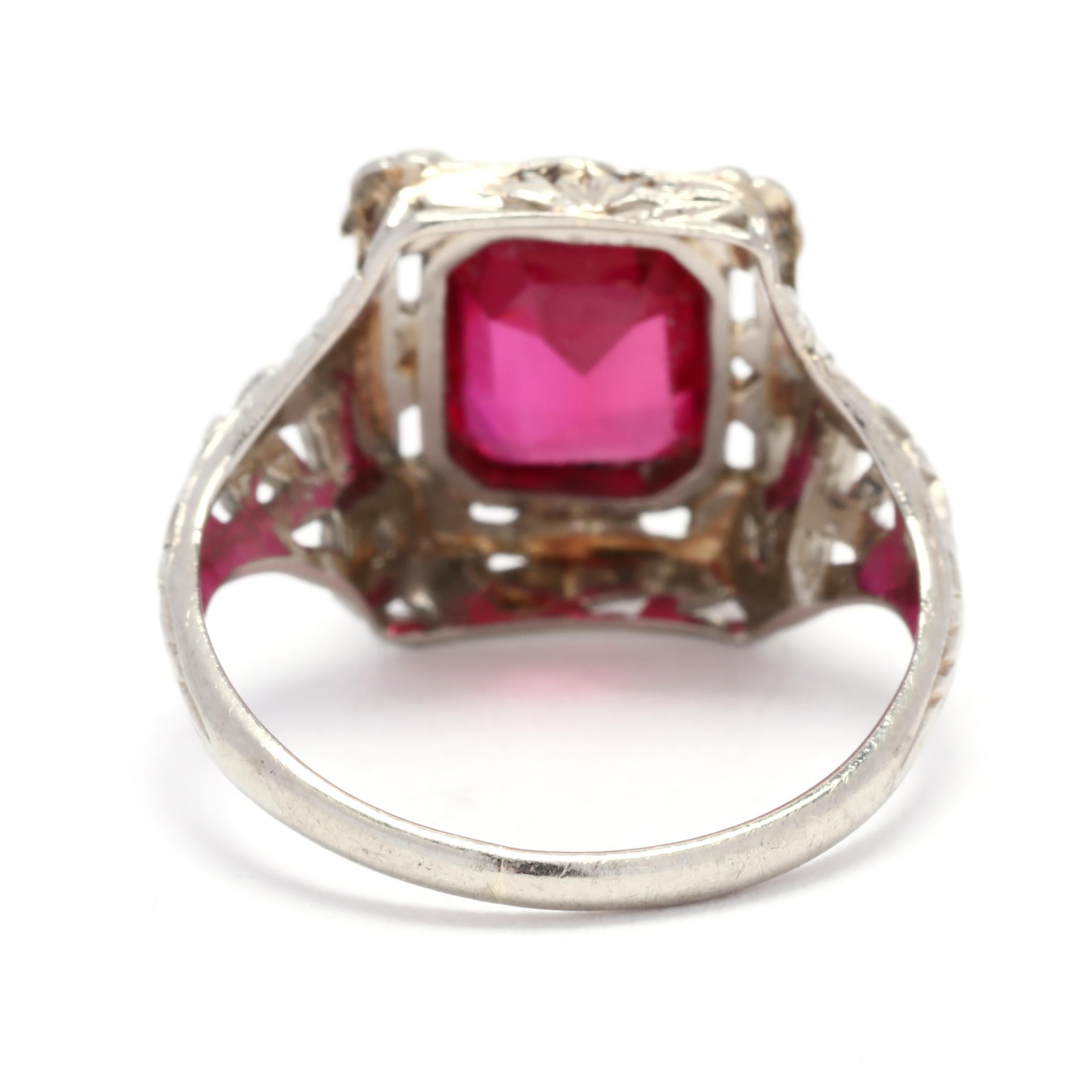 Synthetic Ruby Floral Filigree Statement Ring, 14K White Gold, Ring Size 4.5 In Good Condition For Sale In McLeansville, NC