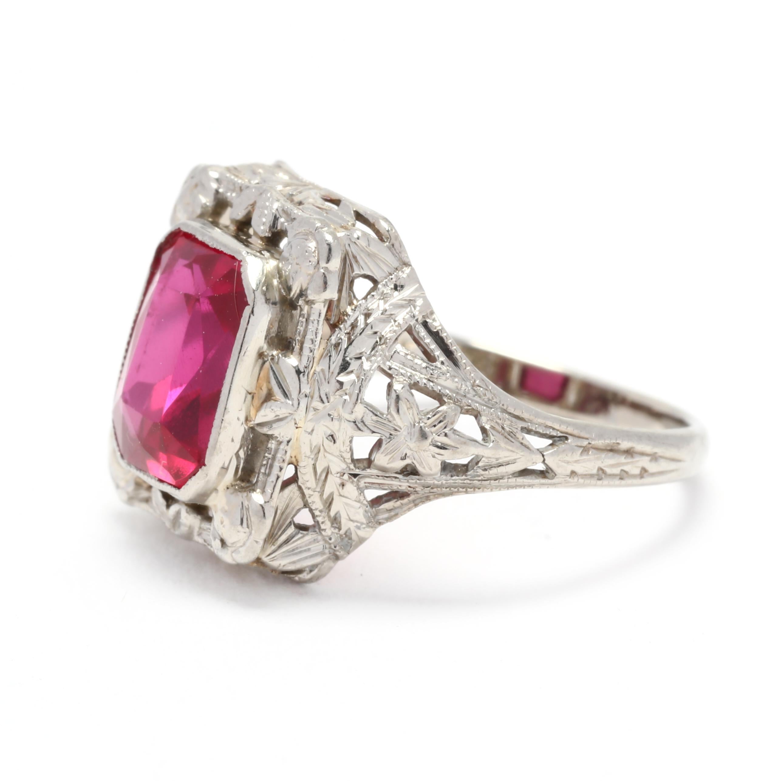 Women's or Men's Synthetic Ruby Floral Filigree Statement Ring, 14K White Gold, Ring Size 4.5 For Sale
