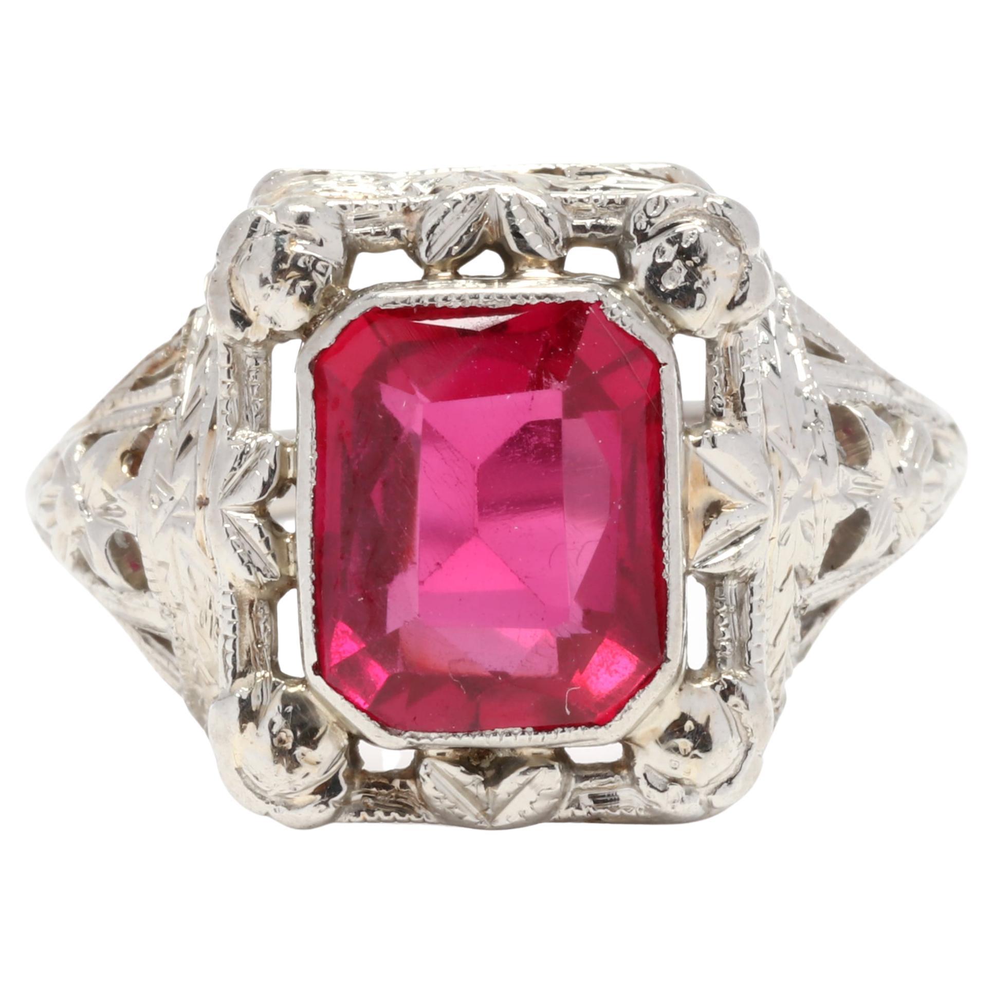 Synthetic Ruby Floral Filigree Statement Ring, 14K White Gold, Ring Size 4.5 For Sale