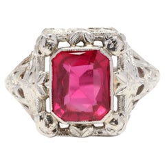 Vintage Synthetic Ruby Floral Filigree Statement Ring, 14K White Gold, Ring Size 4.5