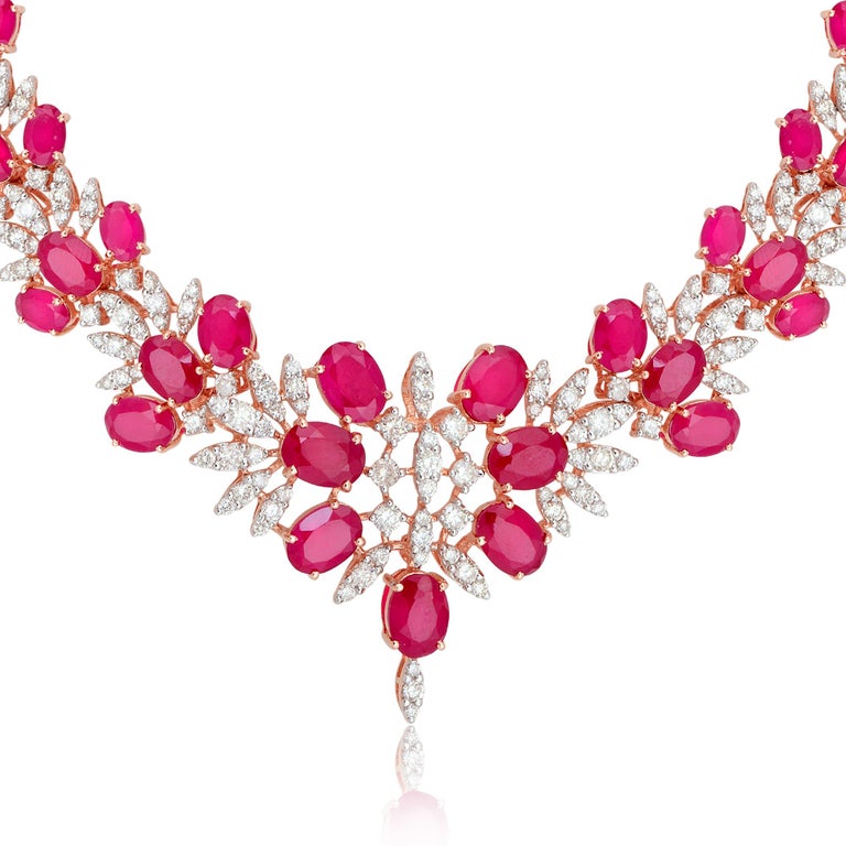Synthetic Ruby Gemstone Choker Necklace Pave Diamond 18k Rose Gold Fine