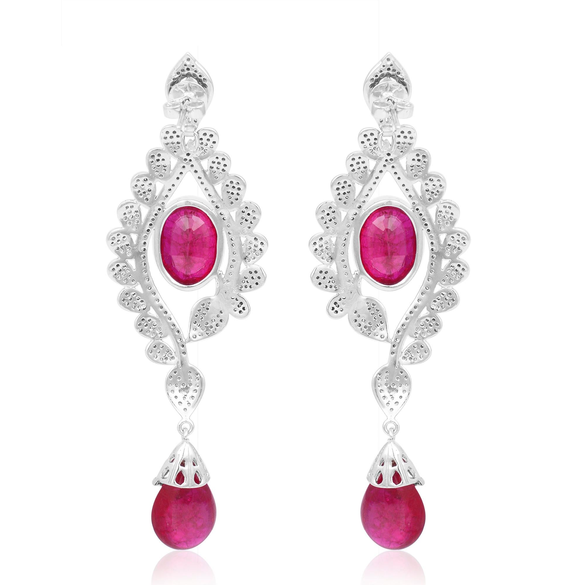 Modern Ruby Gemstone Dangle Earrings Diamond 18 Karat Gold Silver Handmade Jewelry