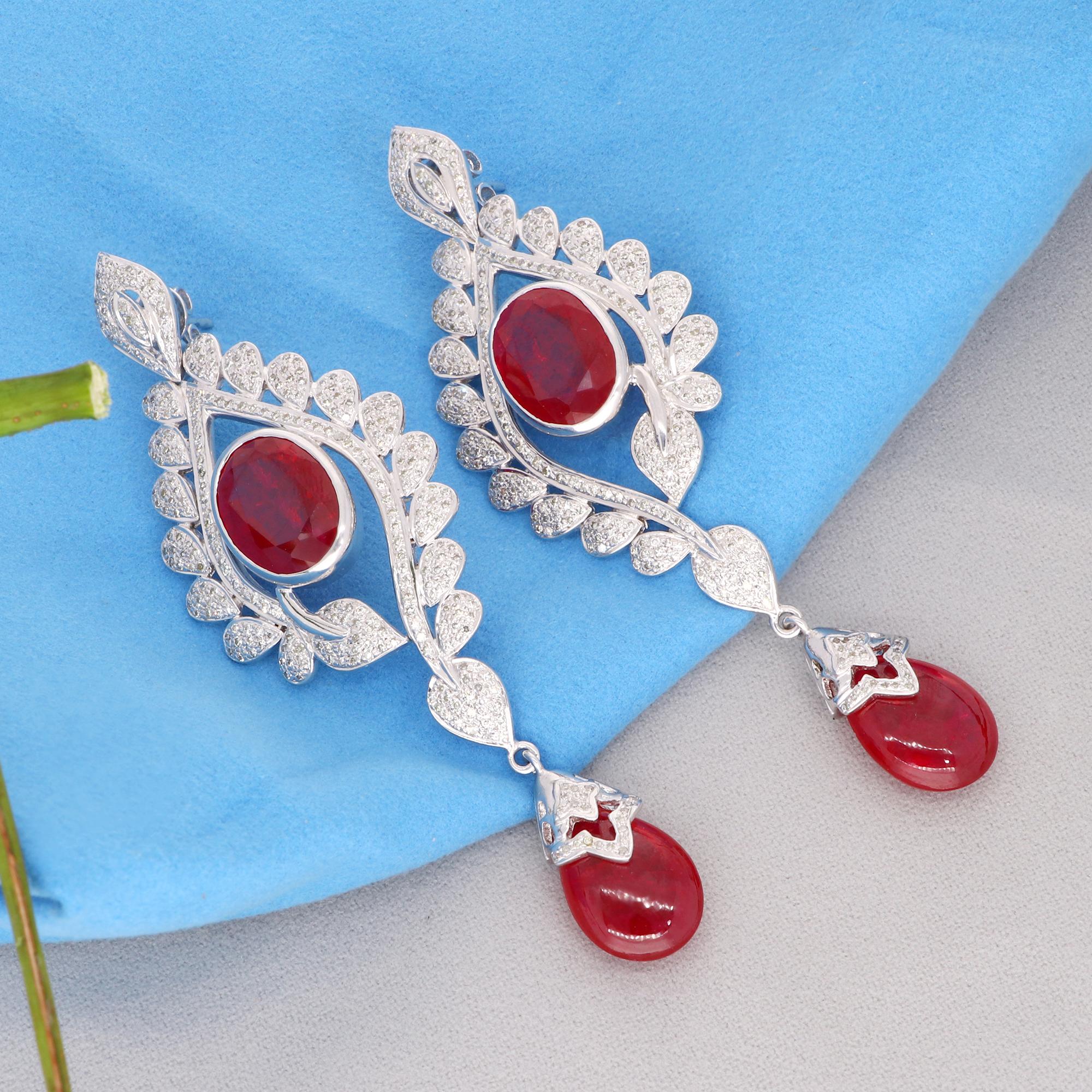 Round Cut Ruby Gemstone Dangle Earrings Diamond 18 Karat Gold Silver Handmade Jewelry