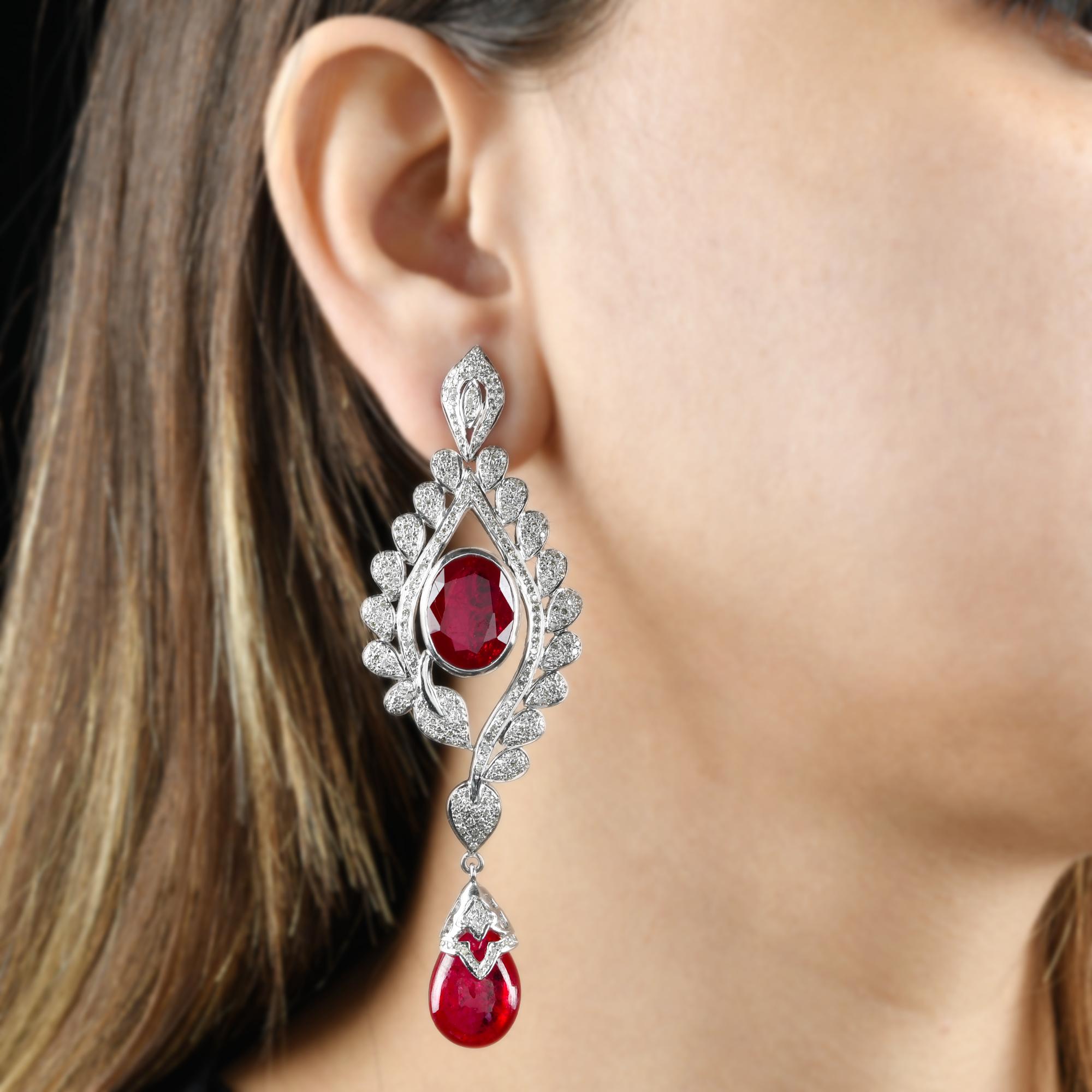 Women's Ruby Gemstone Dangle Earrings Diamond 18 Karat Gold Silver Handmade Jewelry