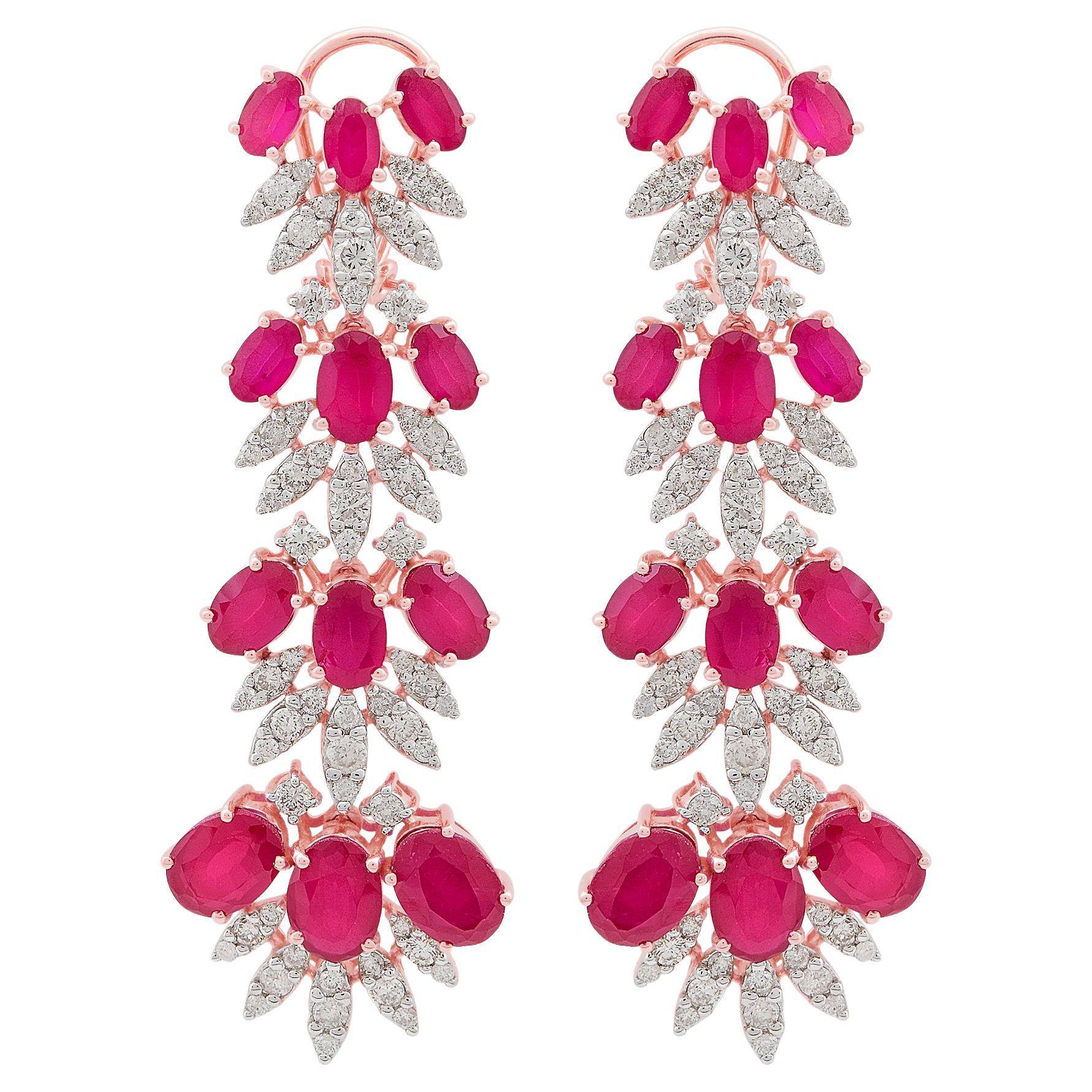 Red Processed Gemstone Dangle Earrings Diamond 18 Karat Rose Gold Fine Jewelry For Sale