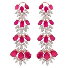 Synthetic Ruby Gemstone Dangle Earrings Diamond 18 Karat Rose Gold Jewelry