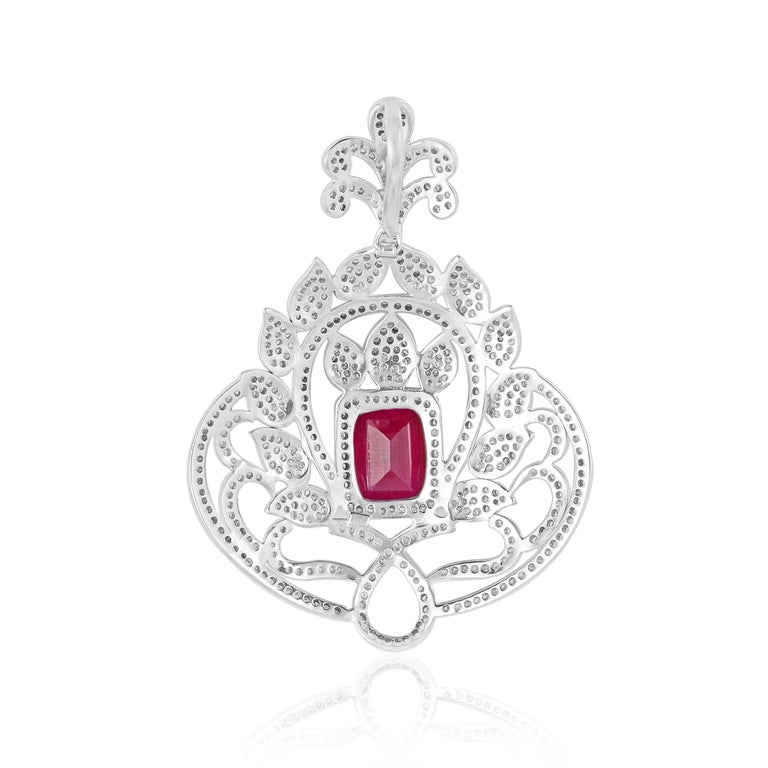 Synthetic Ruby Gemstone Pendant Diamond 18 Karat Gold Silver Handmade