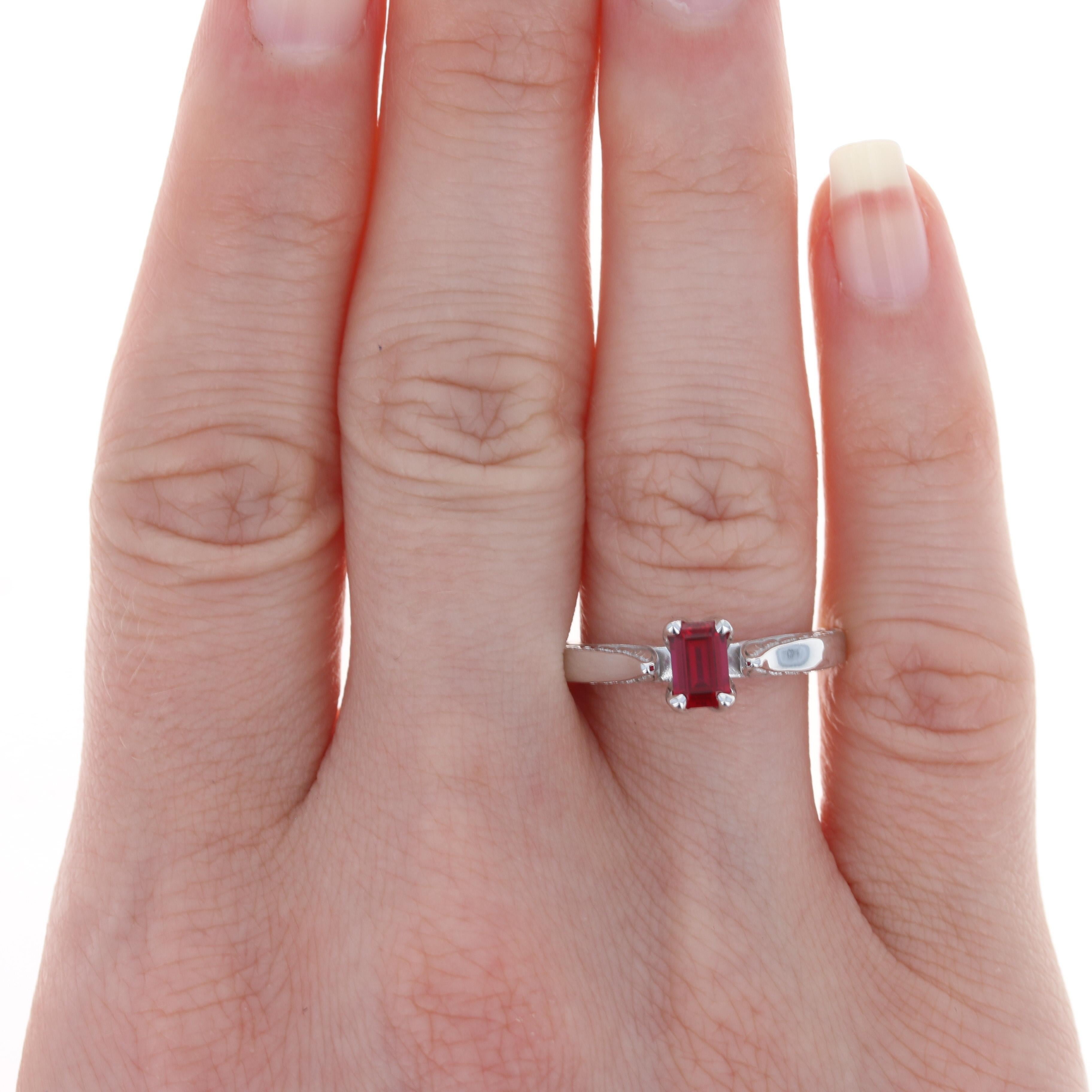 Synthetic Ruby Solitaire Ring, 14k White Gold Engagement Emerald Cut .70ct 2