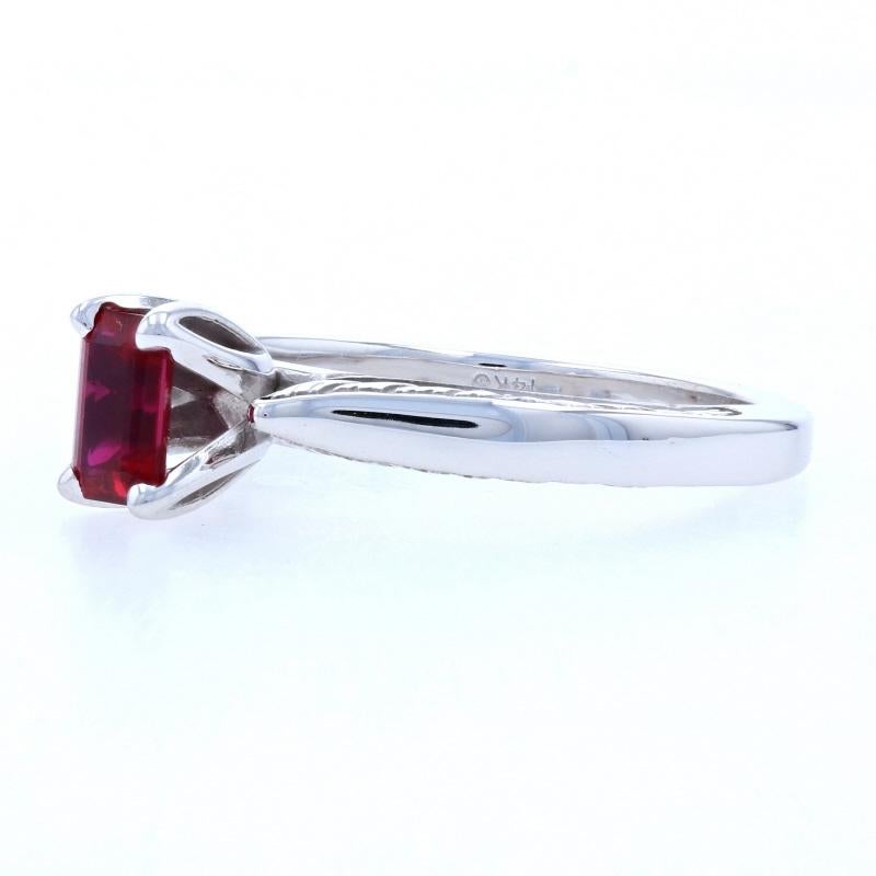 Synthetic Ruby Solitaire Ring, 14k White Gold Engagement Emerald Cut .70ct 3