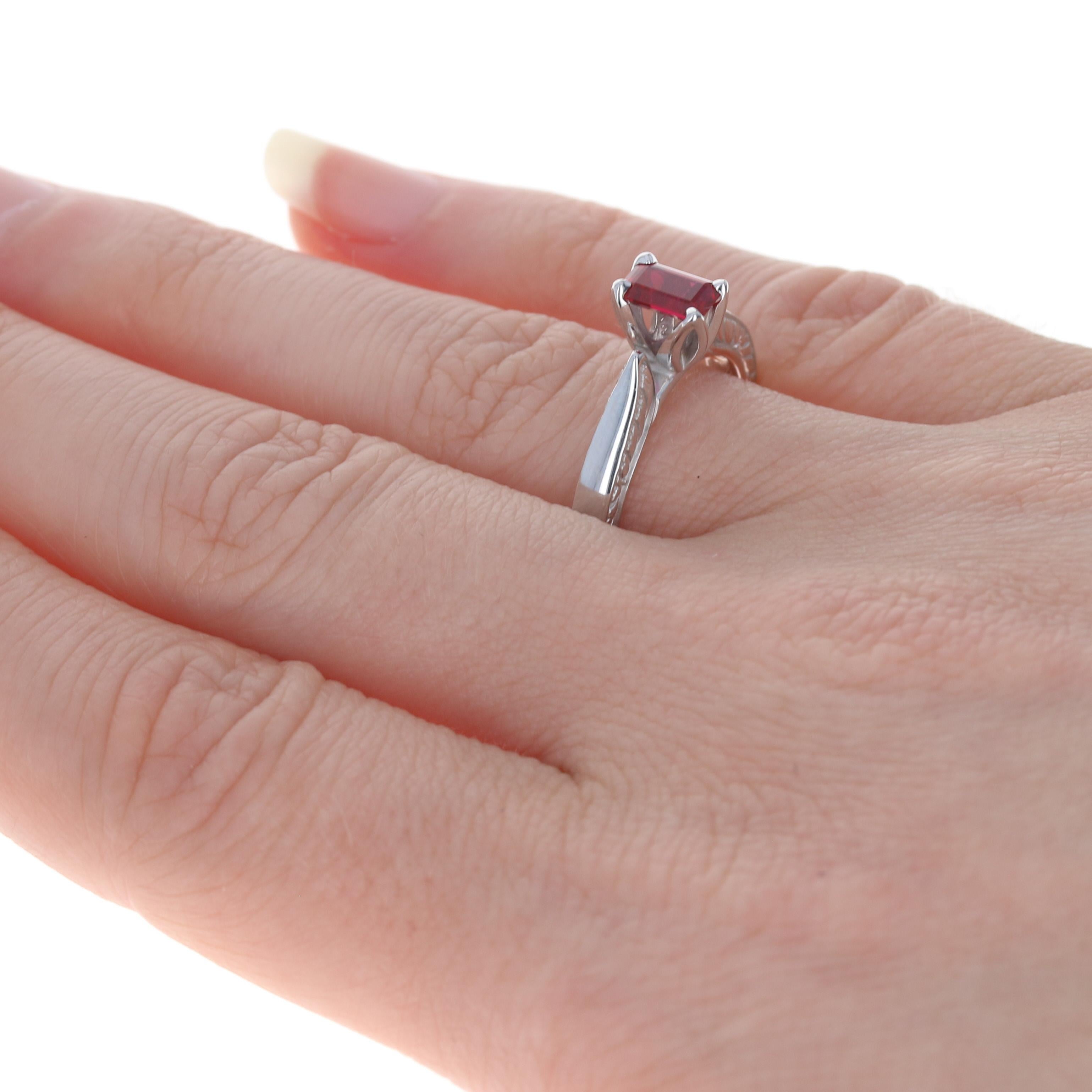 Synthetic Ruby Solitaire Ring, 14k White Gold Engagement Emerald Cut .70ct 4