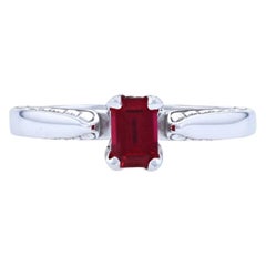Synthetic Ruby Solitaire Ring, 14k White Gold Engagement Emerald Cut .70ct