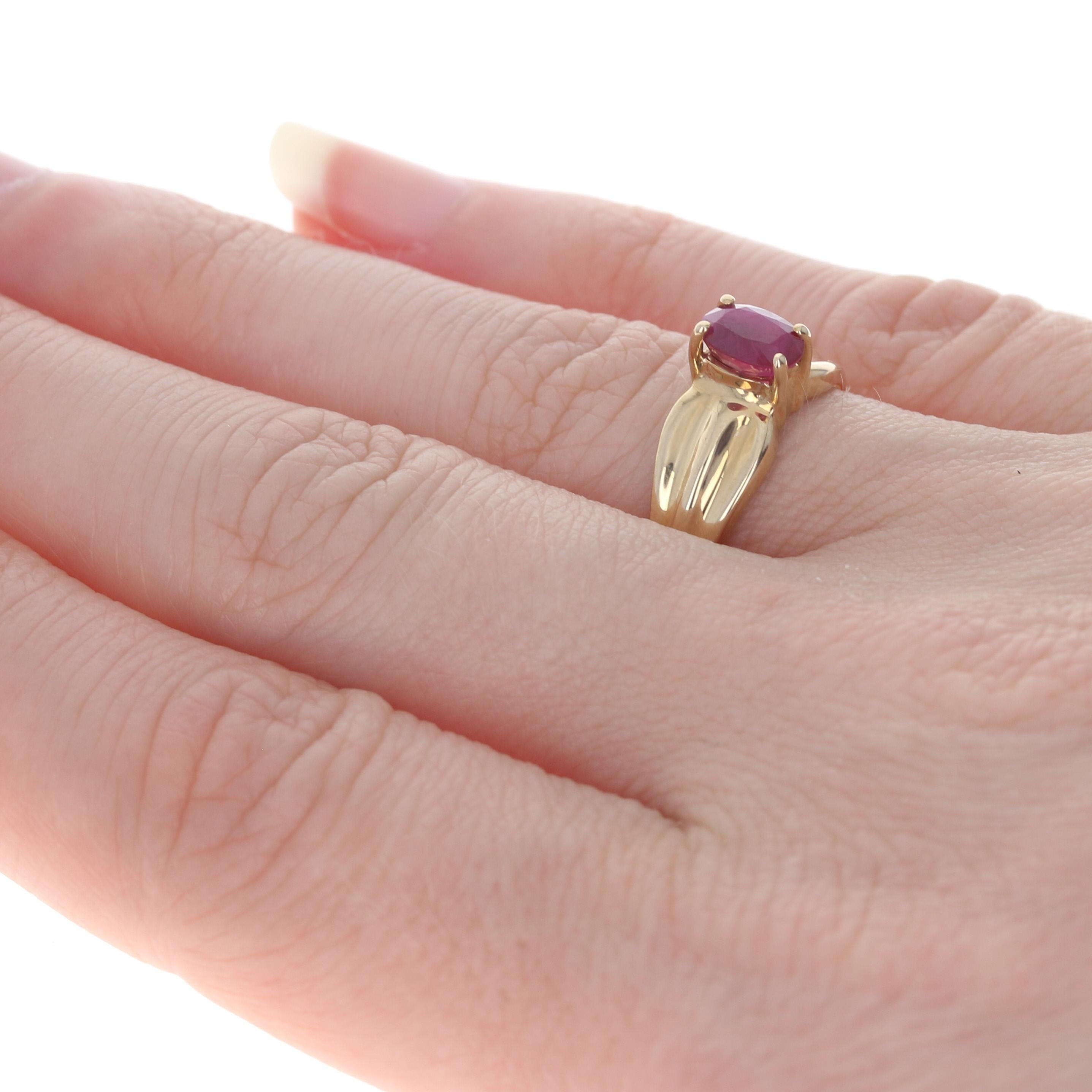 Synthetic Ruby Solitaire Ring, 14k Yellow Gold Pinched Band Oval Cut .70ct 4