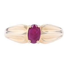 Synthetic Ruby Solitaire Ring, 14k Yellow Gold Pinched Band Oval Cut .70ct