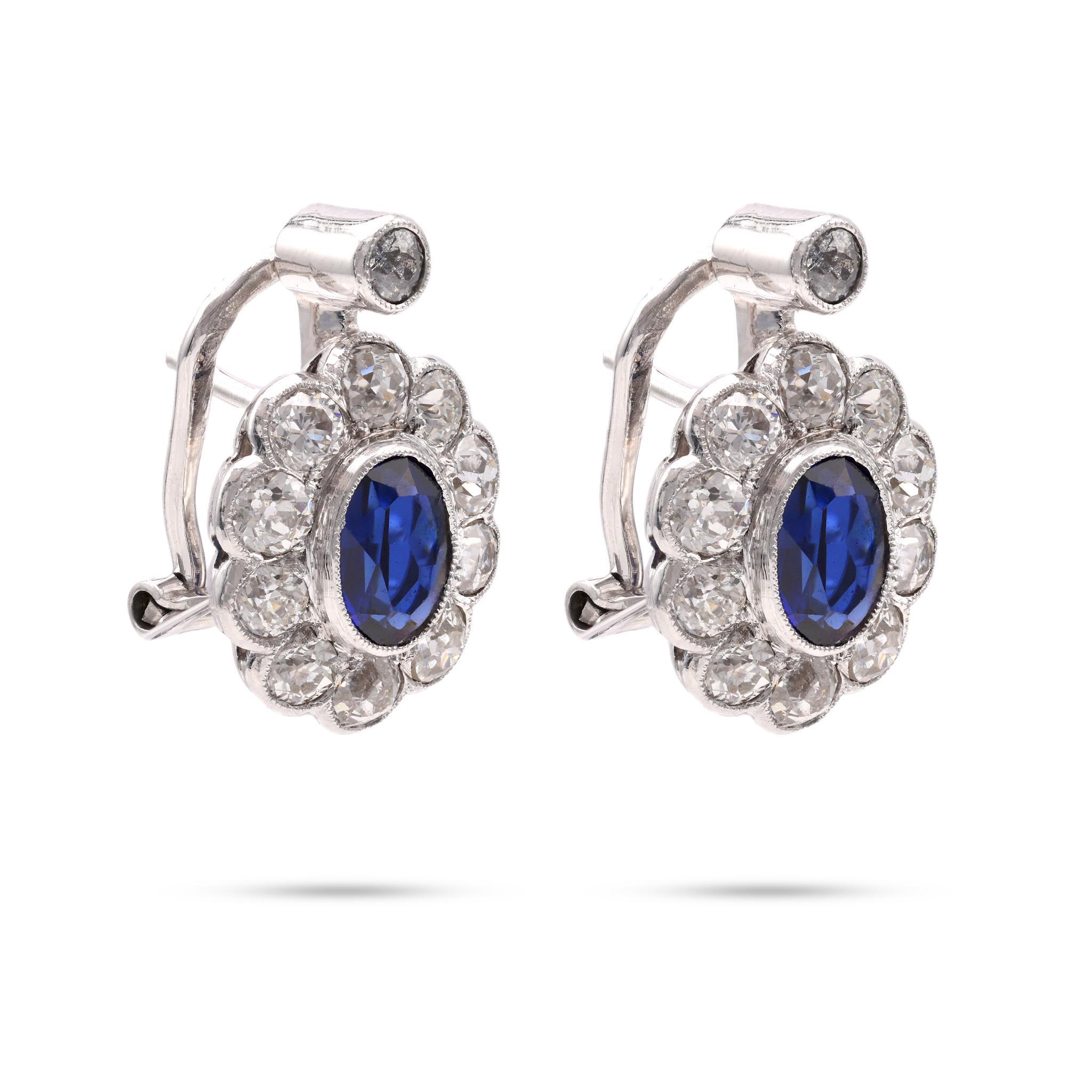 Old European Cut Synthetic Sapphire Diamond 14k White Gold Cluster Earrings For Sale