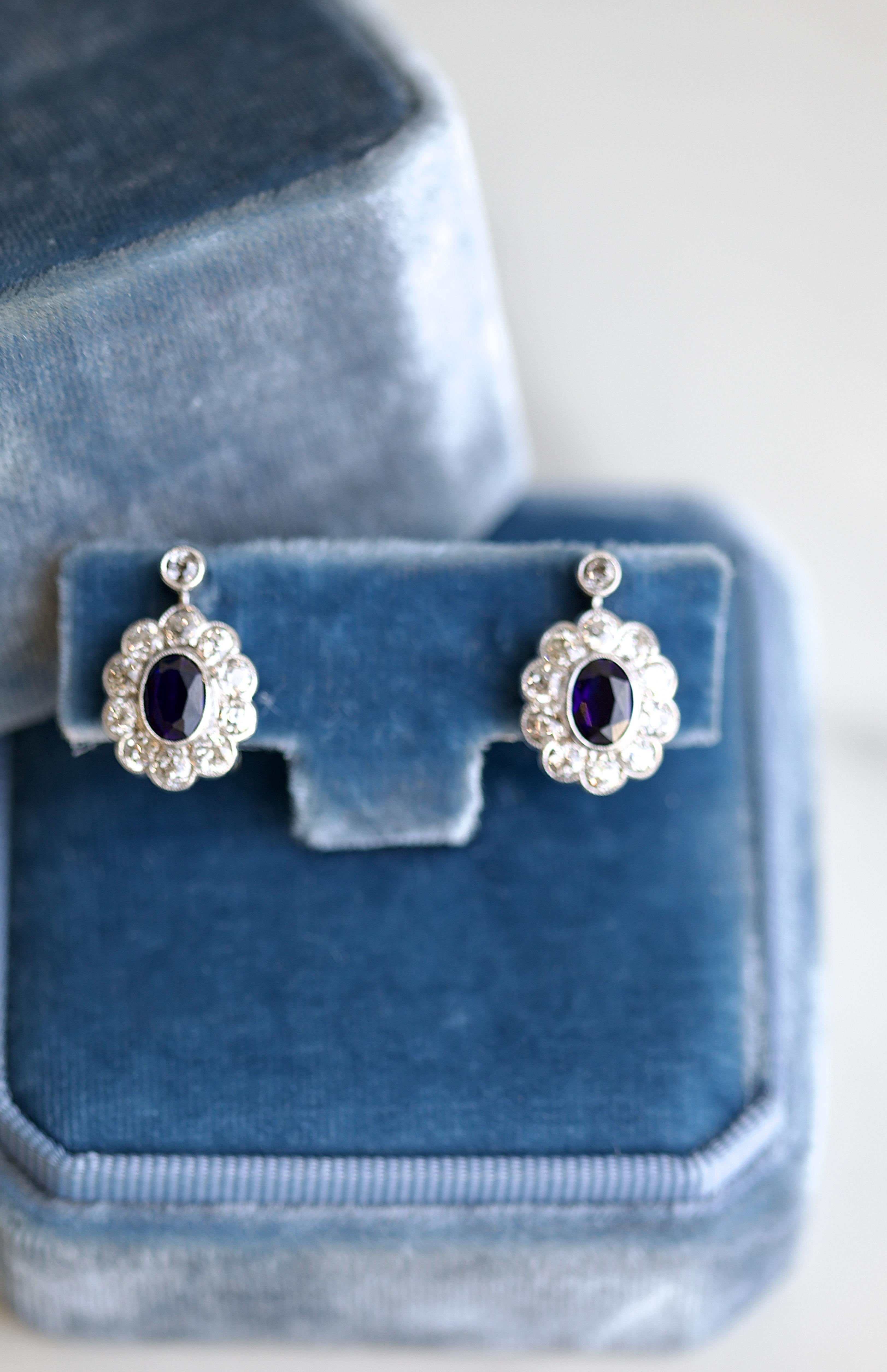 Synthetic Sapphire Diamond 14k White Gold Cluster Earrings In Excellent Condition For Sale In Beverly Hills, CA