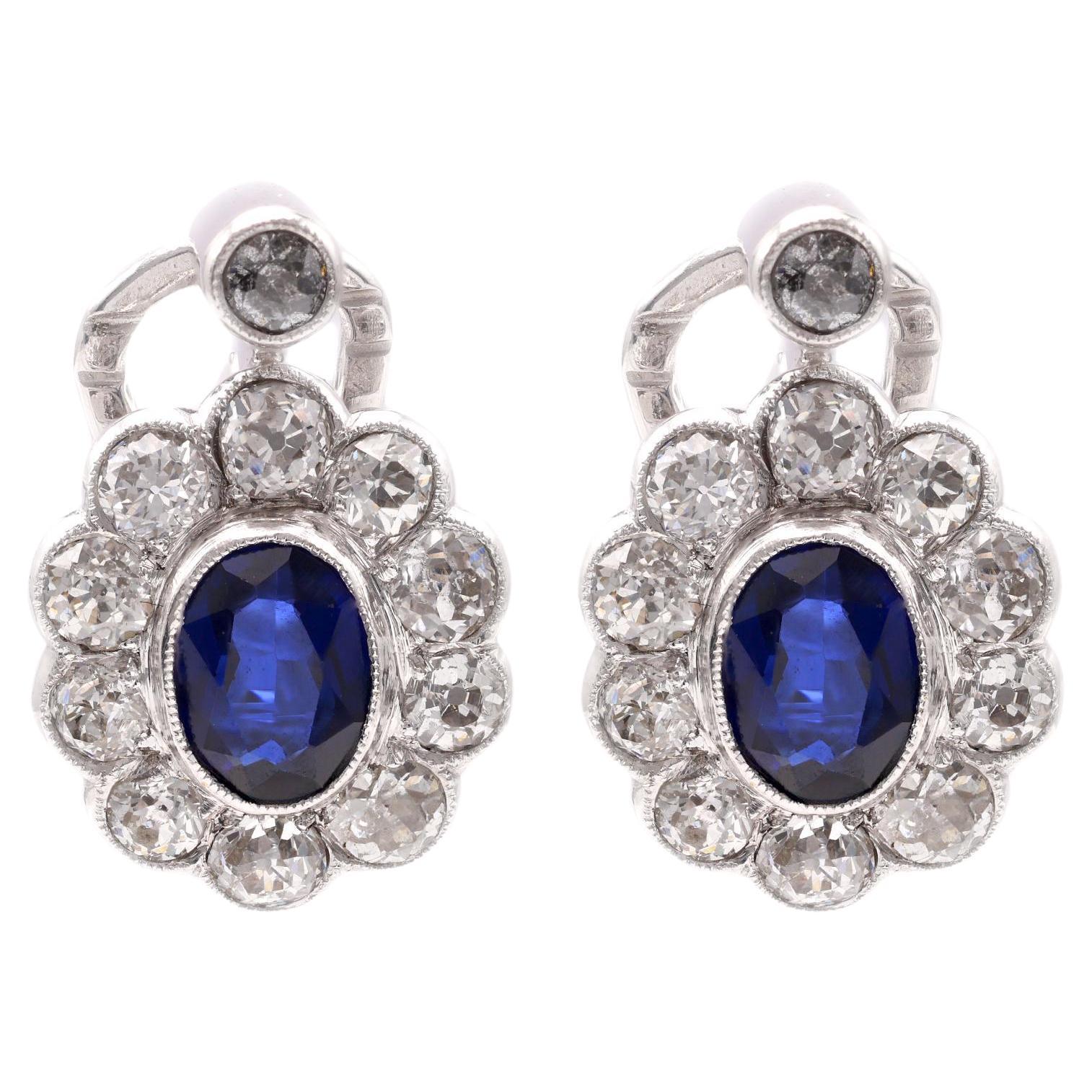 Synthetic Sapphire Diamond 14k White Gold Cluster Earrings For Sale