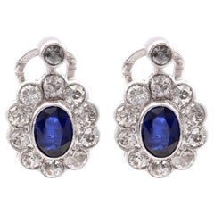 Antique Synthetic Sapphire Diamond 14k White Gold Cluster Earrings