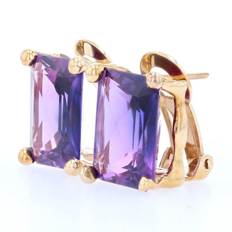 Treat yourself to a luscious splash of radiant color! Composed of 14k yellow gold, these large stud earrings are elegantly set with gorgeous synthetic sapphires which have shimmering berry purple hues that shine from every angle.  

Metal Content: