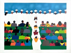 «Con honores», litografía firmada, colorida escena multicultural de graduación, 26,5 x 36"
