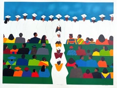 « Avec mention », lithographie signée, scène multiculturelle et colorée de remise des diplômes