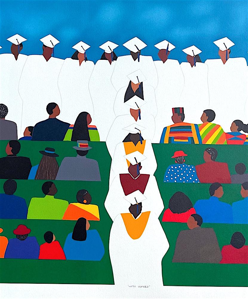 WITH HONORS Signed Lithograph, Graduation Ceremony, Cap Gown Tassel, Education - Contemporary Print by Synthia Saint James
