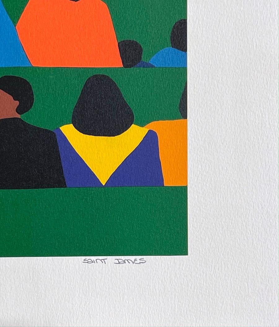 Synthia Saint James (Amerikanerin, geb. 1949), WITH HONORS ist eine handgezeichnete Farblithografie in limitierter Auflage (keine Fotoreproduktion oder ein Digitaldruck), gedruckt mit handlithografischen Techniken auf archivtauglichem Arches-Papier,