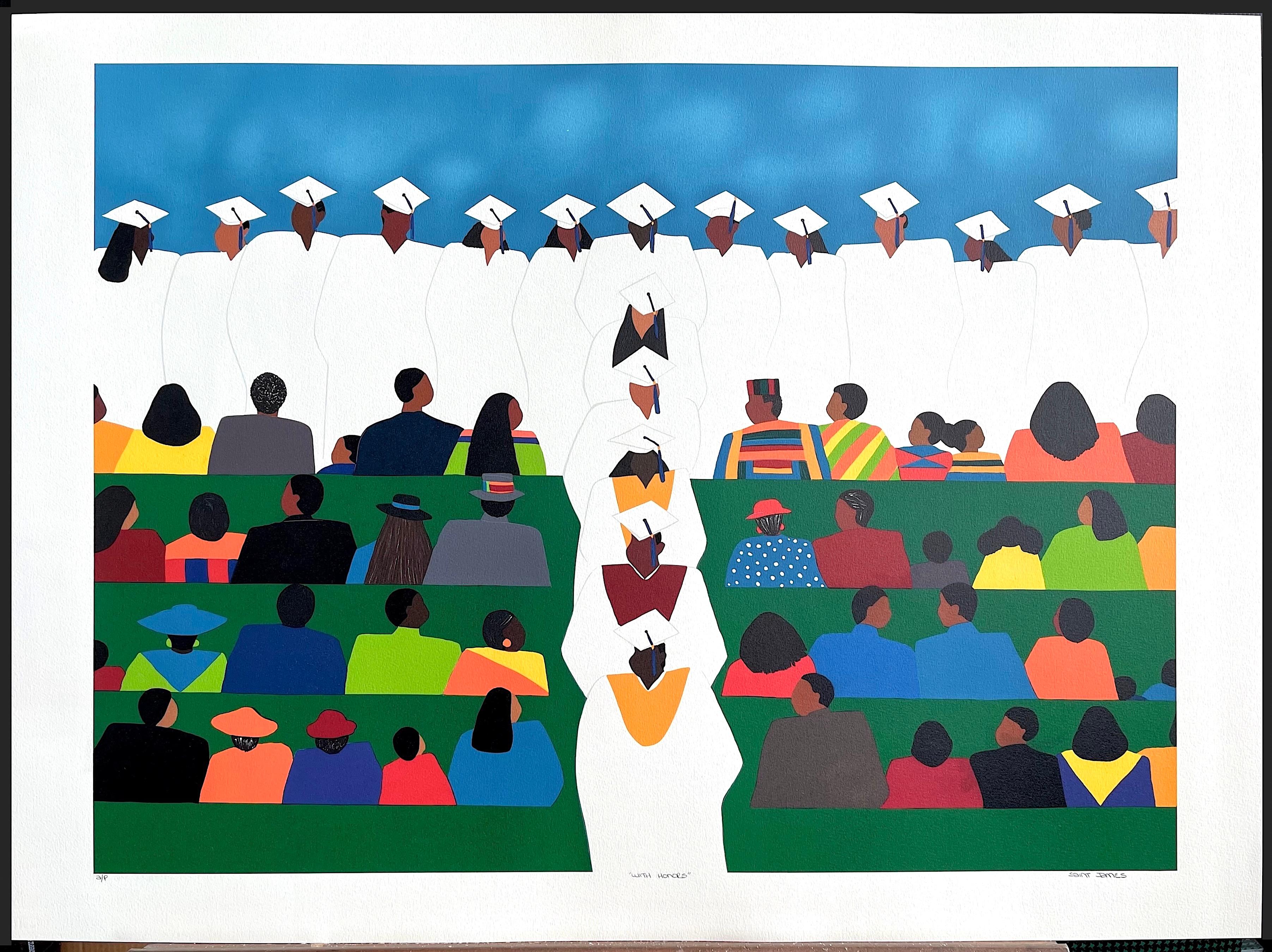 Synthia Saint James (American, b. 1949), WITH HONORS is a hand drawn limited edition color lithograph(not a photo reproduction or digital print) printed using hand lithography techniques on archival Arches paper, 100% acid free. WITH HONORS is a