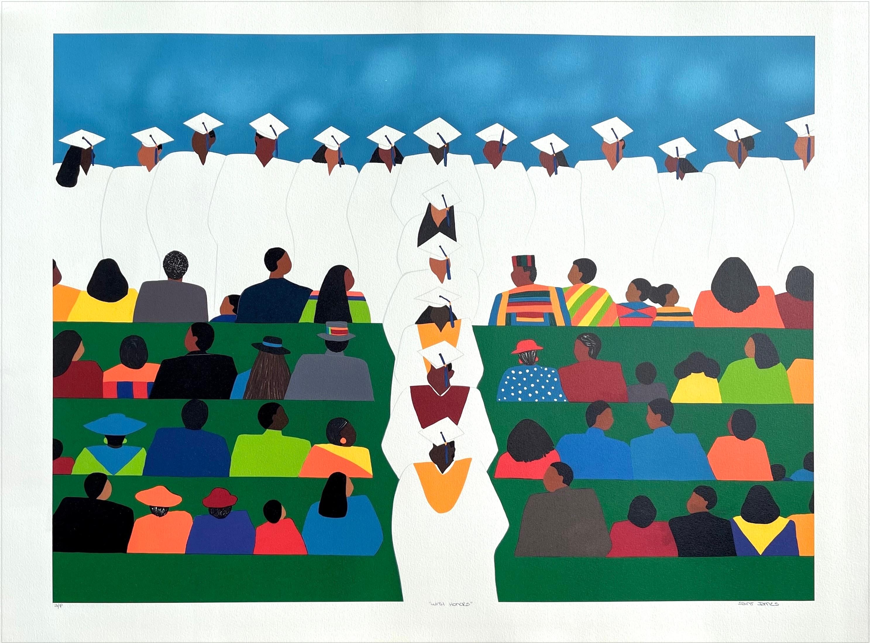 Synthia Saint James Figurative Print - WITH HONORS Signed Lithograph, Graduation Ceremony, Cap Gown Tassel, Education