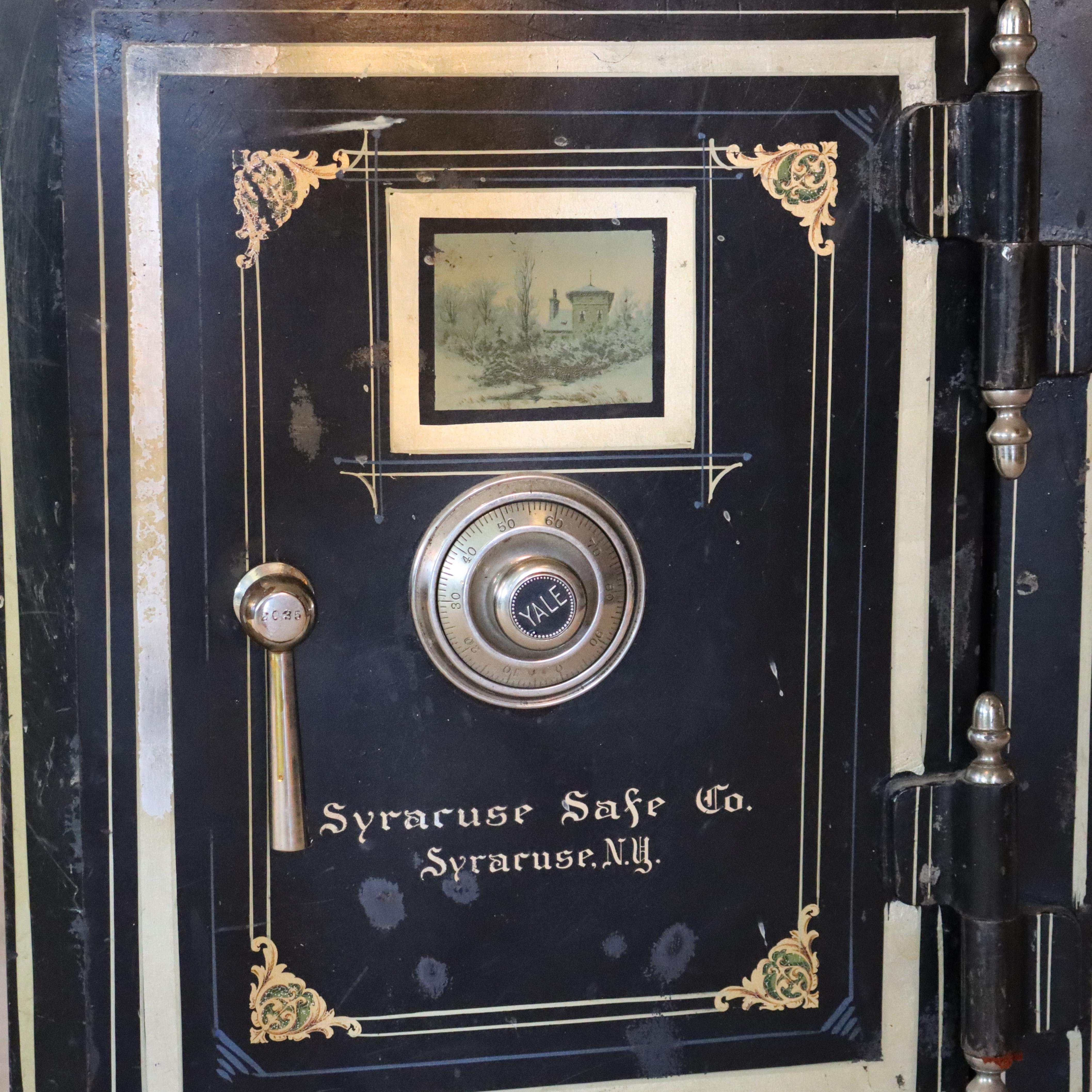 ***Reduced In-House Delivery Rates - Click on “Ask Seller” to Request a Quote***
Syracuse Safe Co. Yale Steel Combination Lock Safe with Painted Scene c1890 (29