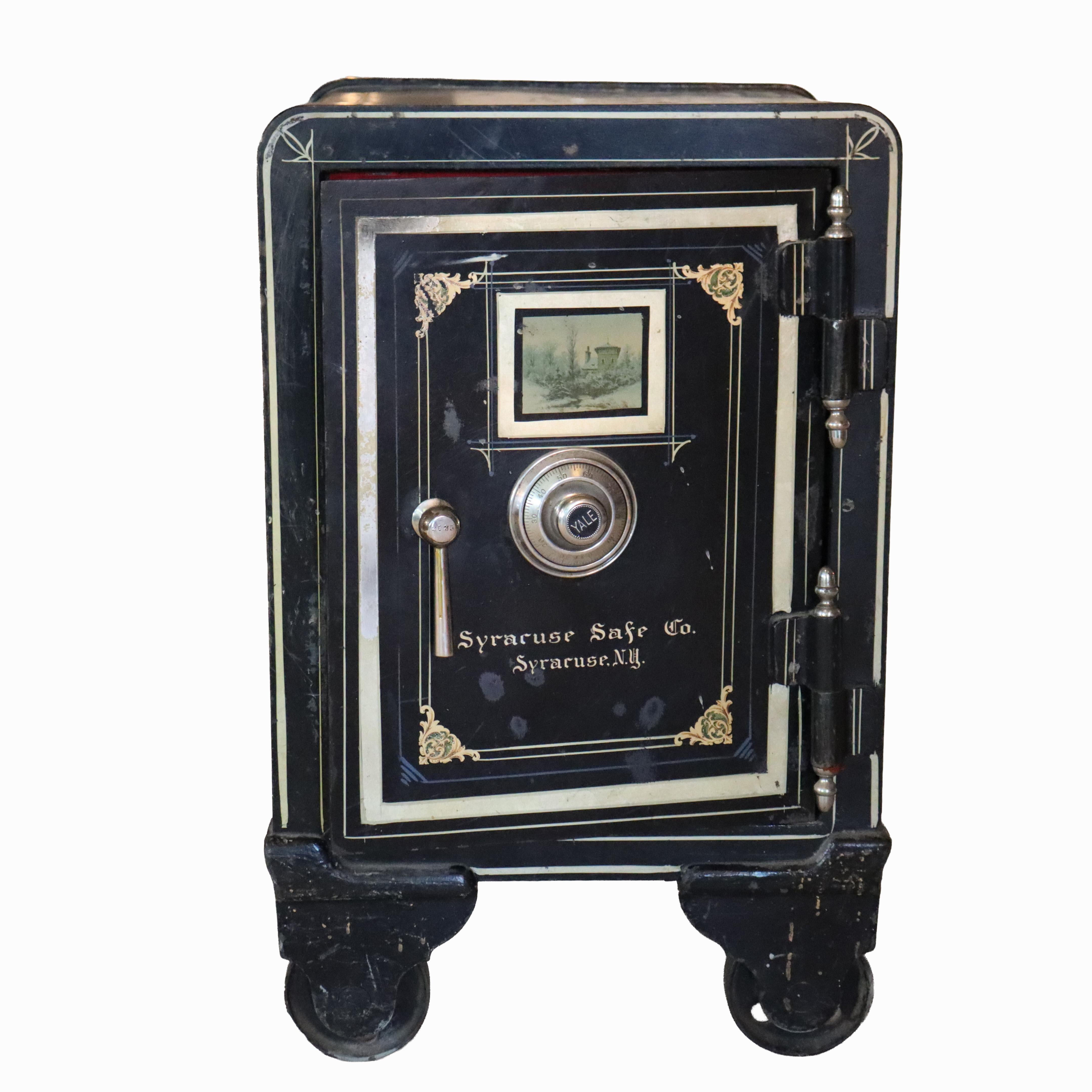 19th Century Syracuse Safe Co. Yale Steel Combination Lock Safe with Painted Scene c1890 For Sale