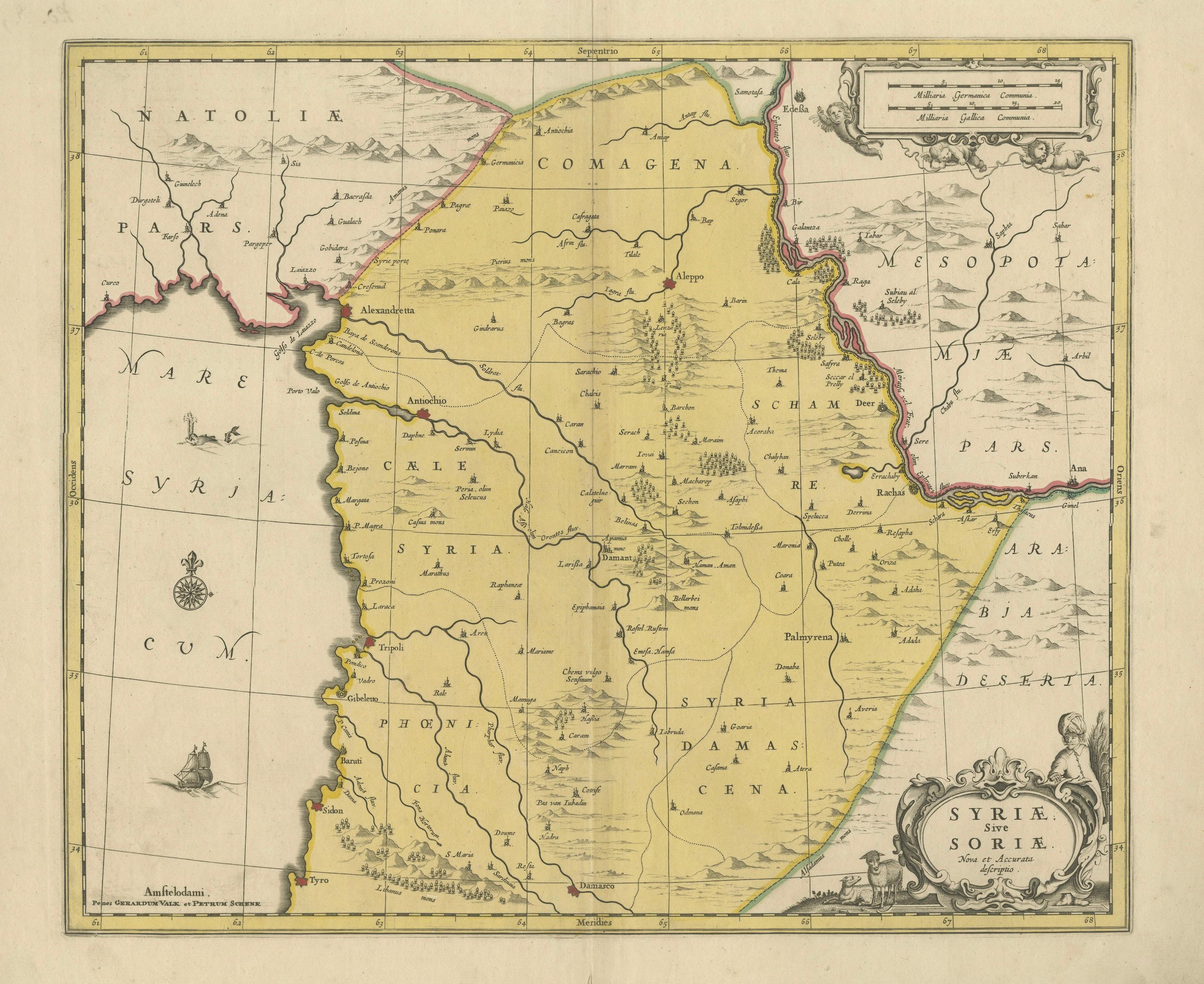 Syria Map Valk & Schenk, Hand Colored Engraving, Amsterdam, c.1700