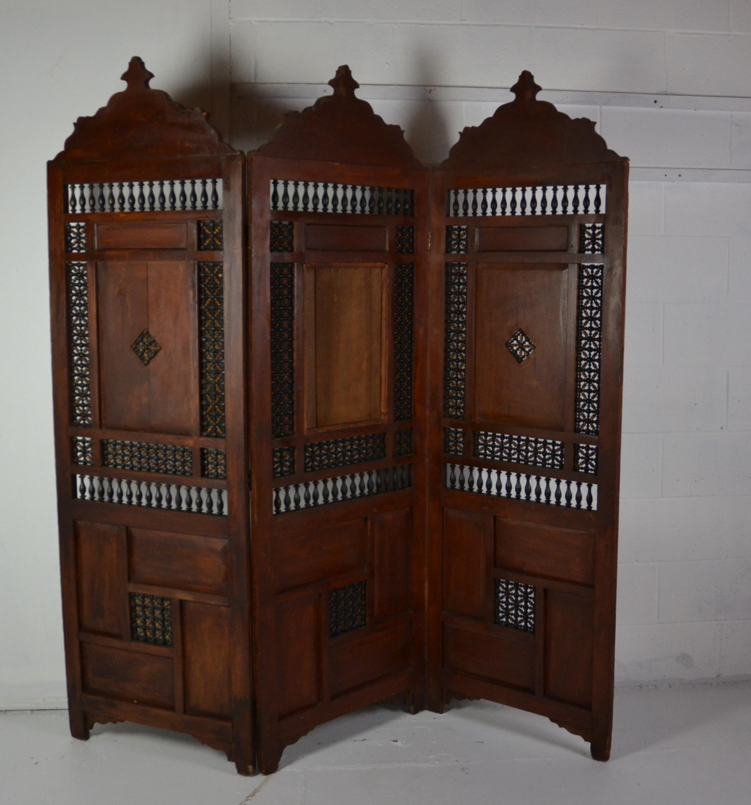 Hand carved, mother of pearl inlay with Arabic letters three-panel room divider.