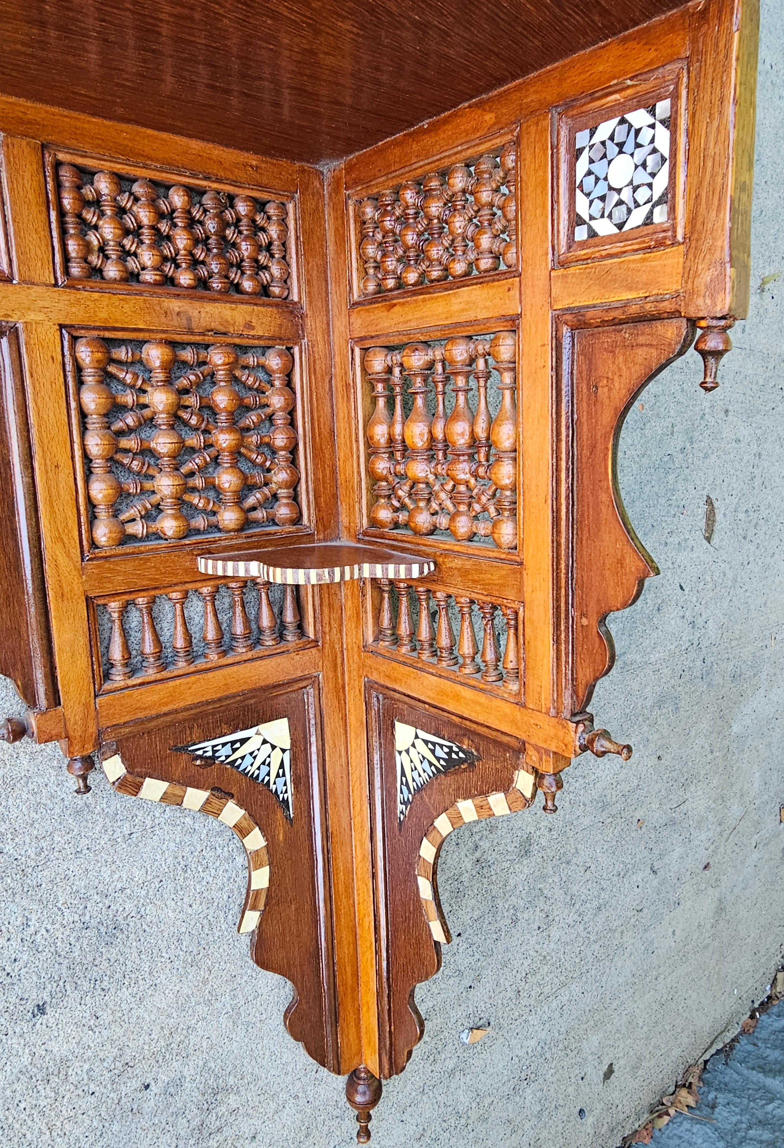 Mid-Century Modern Syrian Bone And Ebony Wood Inlaid Mahogany Corner Wall Shelf For Sale