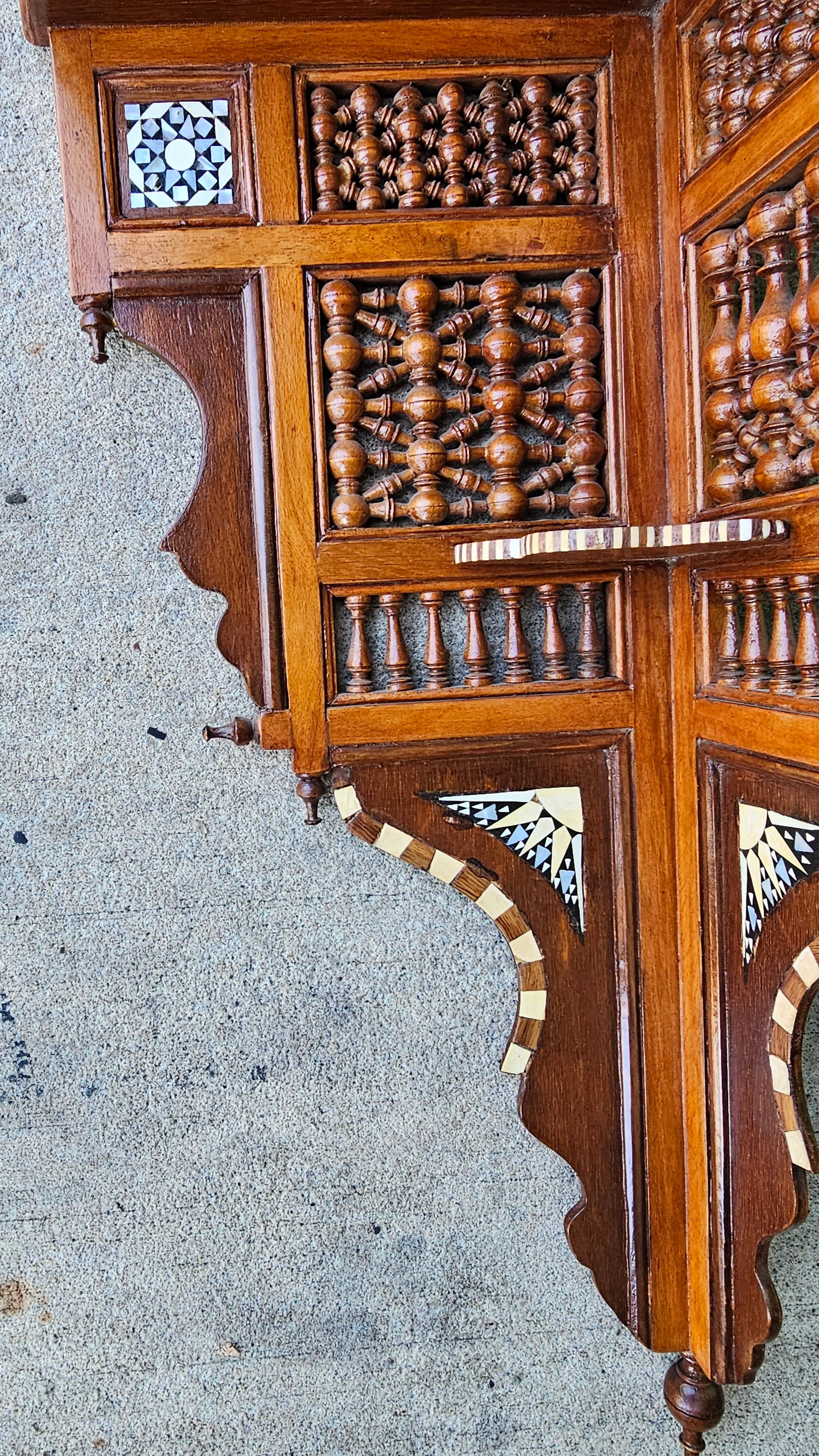 Hand-Crafted Syrian Bone And Ebony Wood Inlaid Mahogany Corner Wall Shelf For Sale