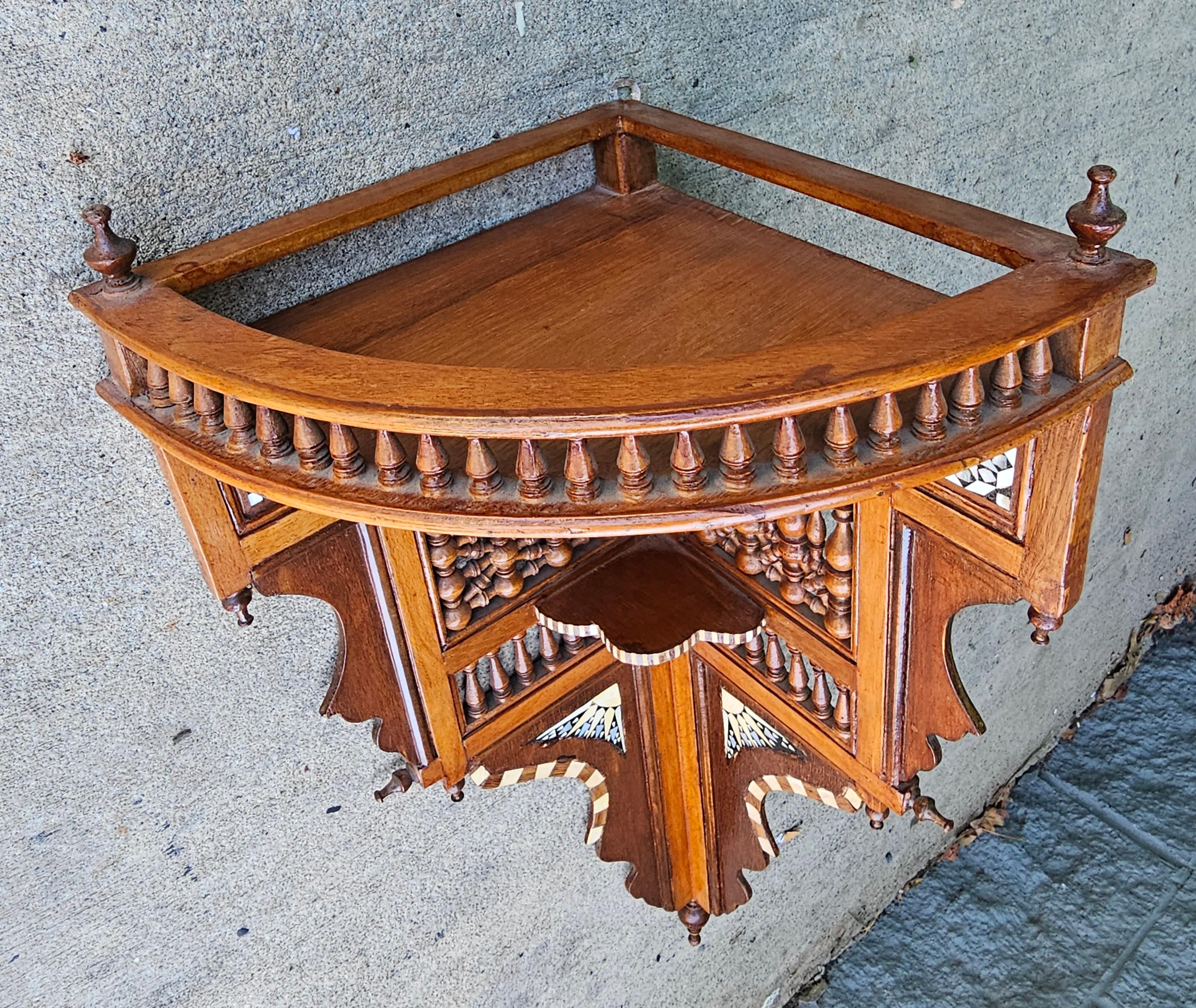 Syrian Bone And Ebony Wood Inlaid Mahogany Corner Wall Shelf In Good Condition For Sale In Germantown, MD