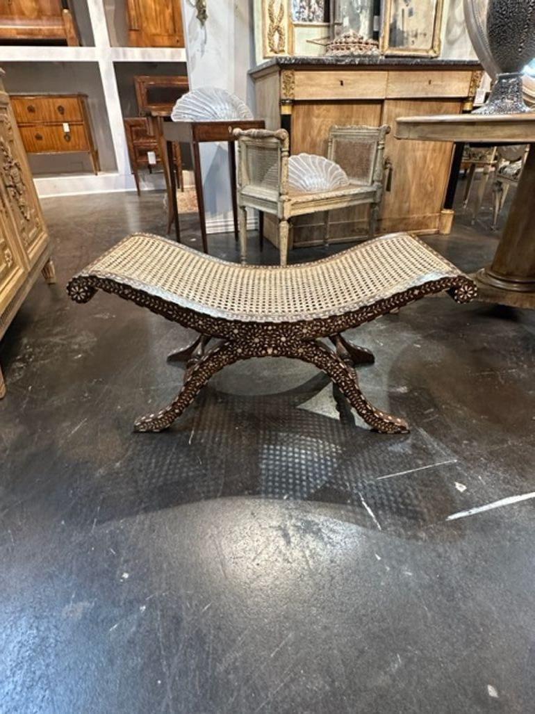Syrian Bone Inlaid Shaped Bench In Good Condition In Dallas, TX
