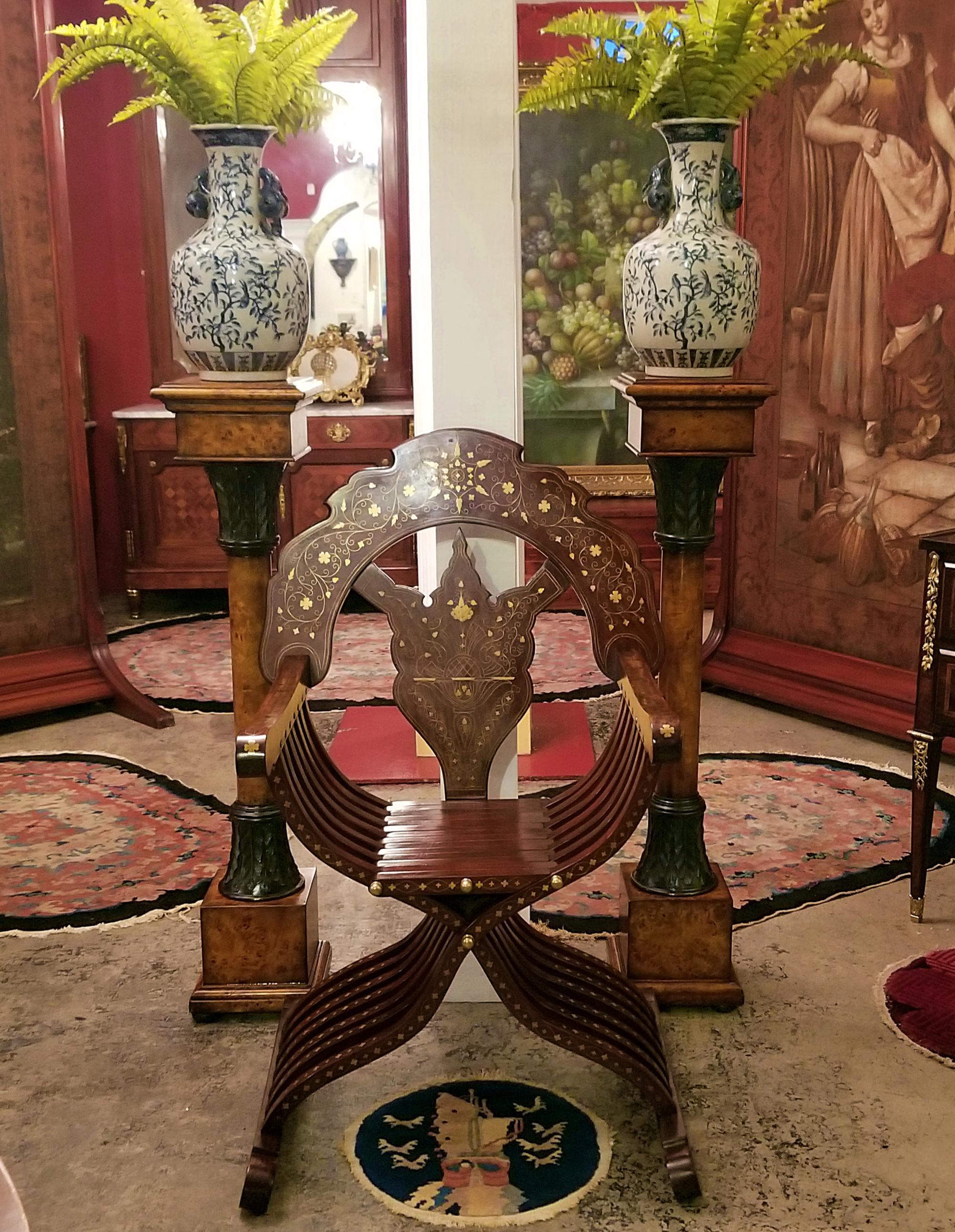 Middle Eastern Brass Inlaid Savonarola Chair 2