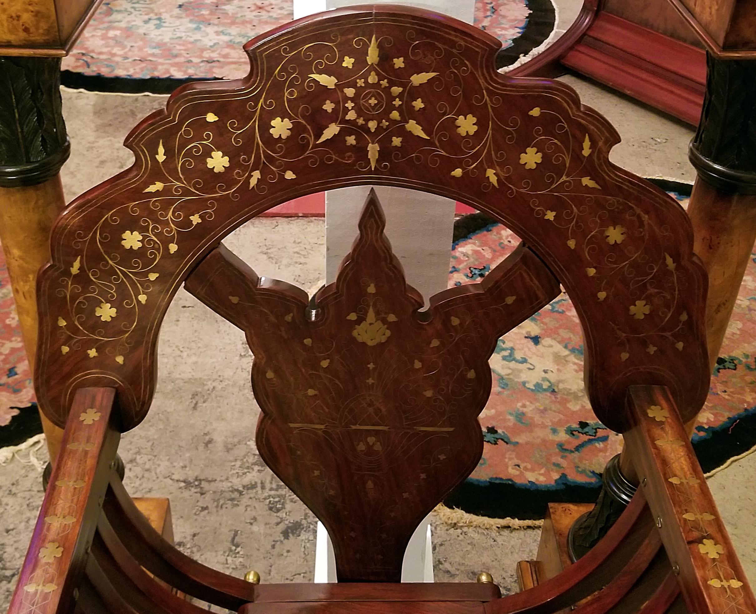 Islamic Middle Eastern Brass Inlaid Savonarola Chair