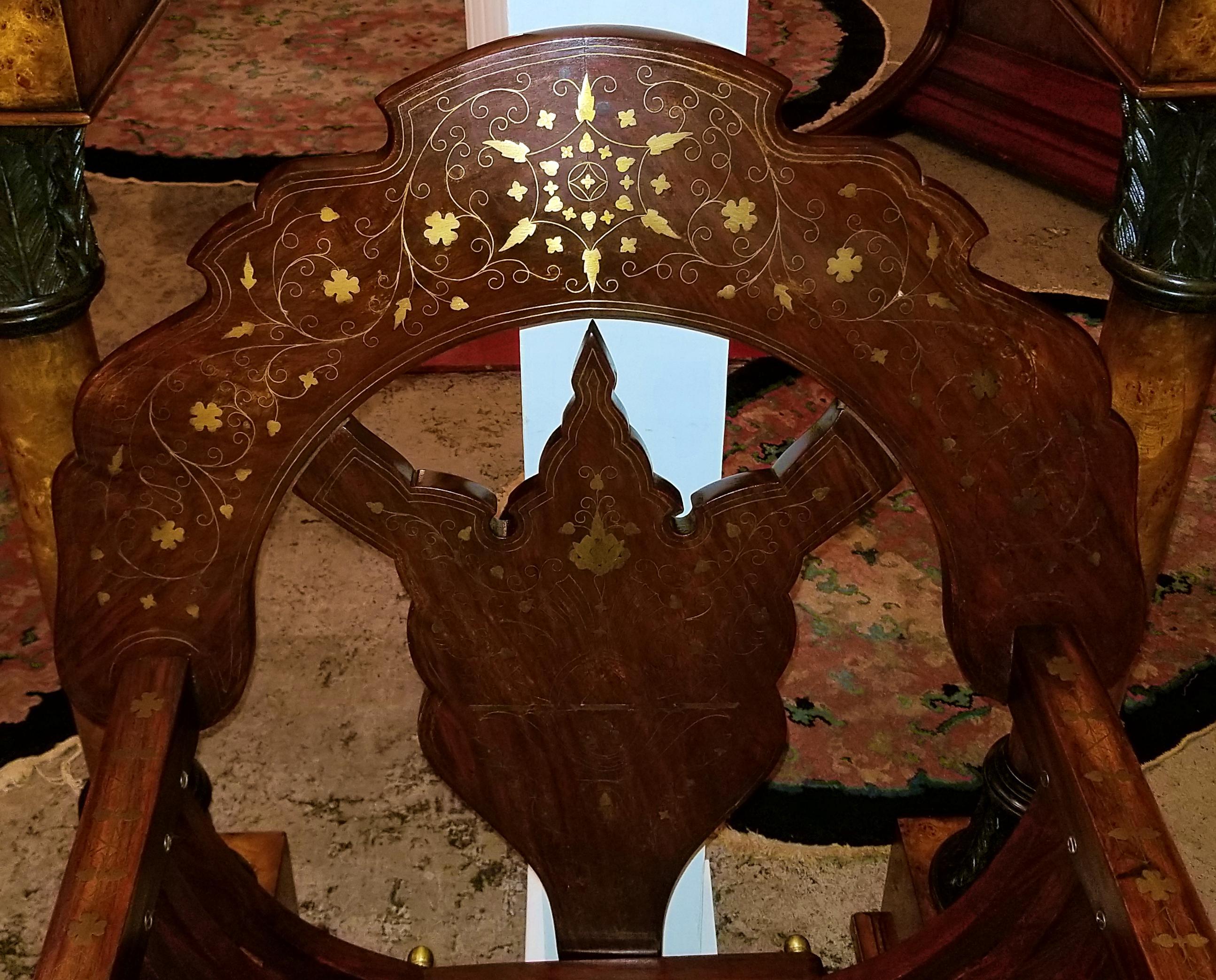 Pakistani Middle Eastern Brass Inlaid Savonarola Chair