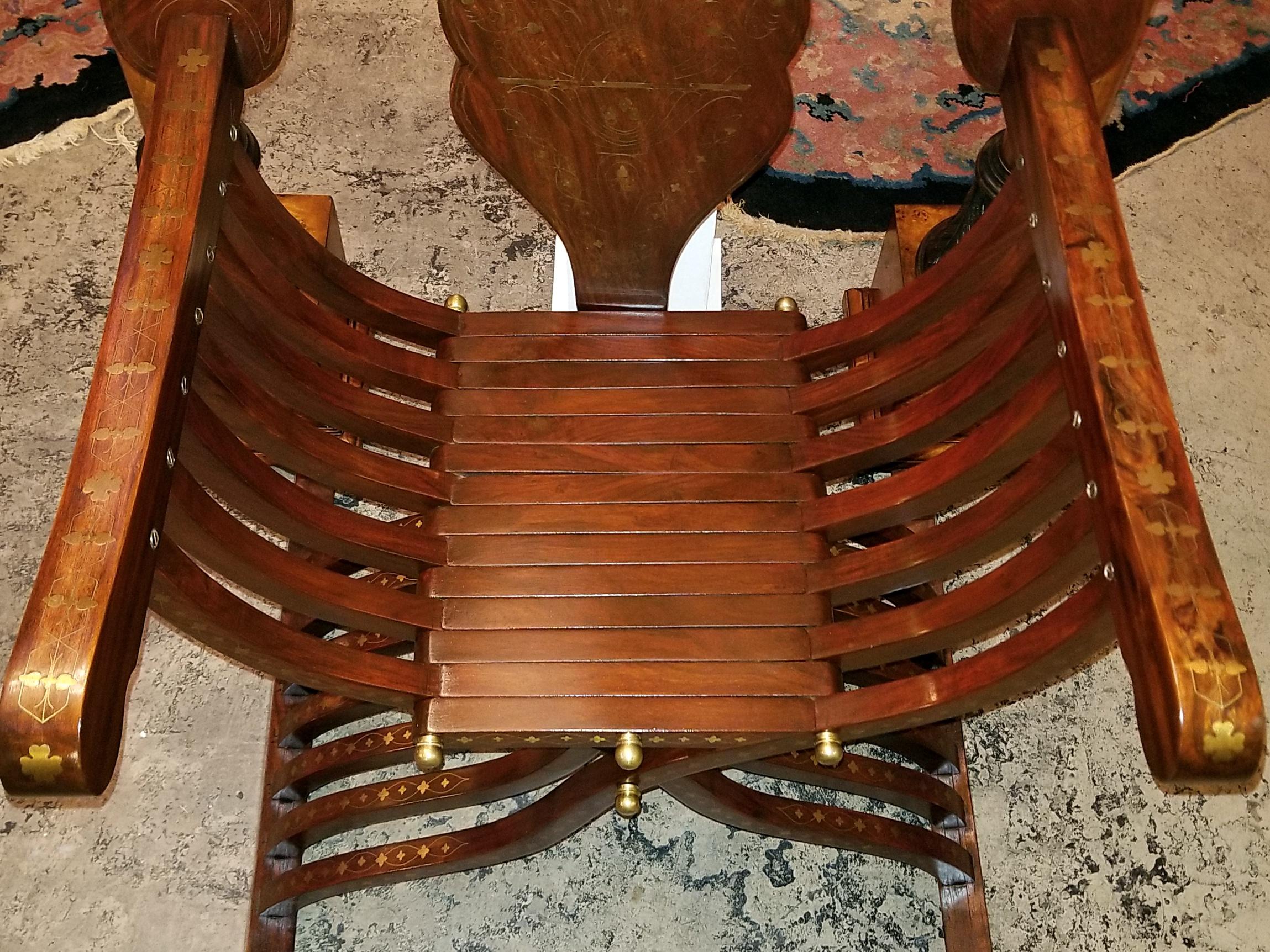 Hand-Crafted Middle Eastern Brass Inlaid Savonarola Chair