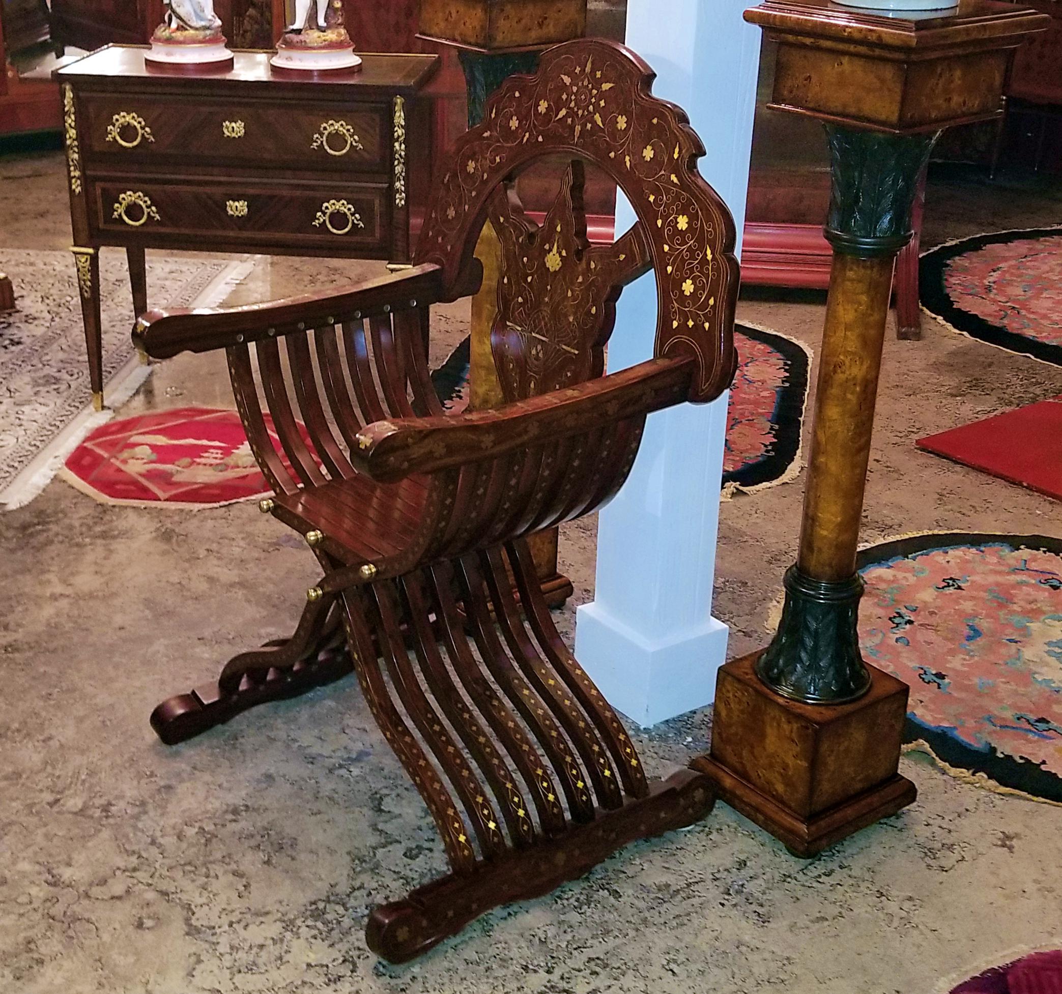 20th Century Middle Eastern Brass Inlaid Savonarola Chair