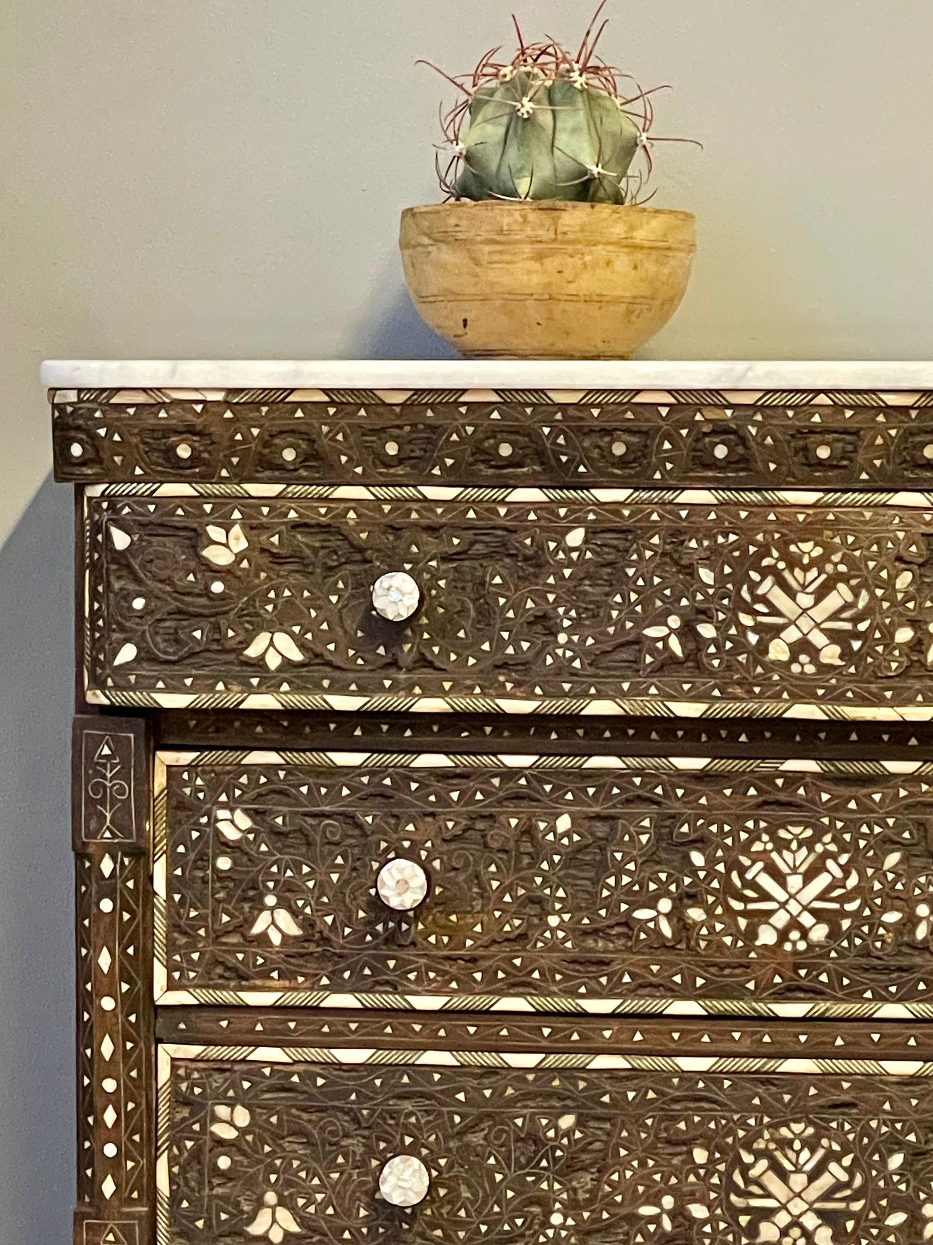 Islamic Syrian Wedding Chest with Mother of Pearl Inlays and Marble Top, Mid Century For Sale