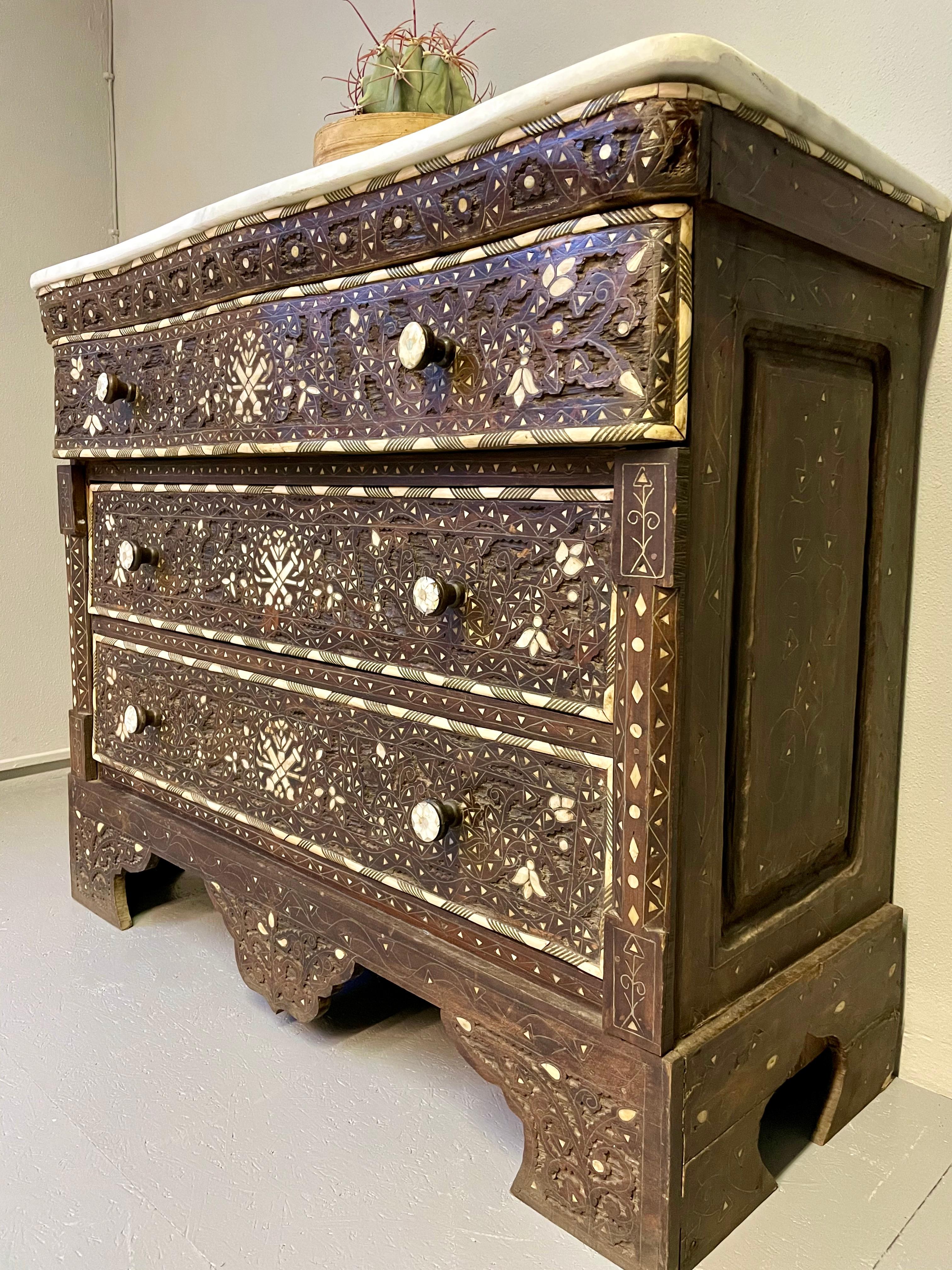 Moroccan Syrian Wedding Chest with Mother of Pearl Inlays and Marble Top, Mid Century For Sale